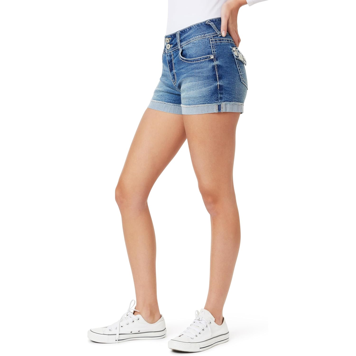Womens Luscious Curvy Mid-Rise Denim Insta Stretch Juniors Bling Shorts & Bermuda