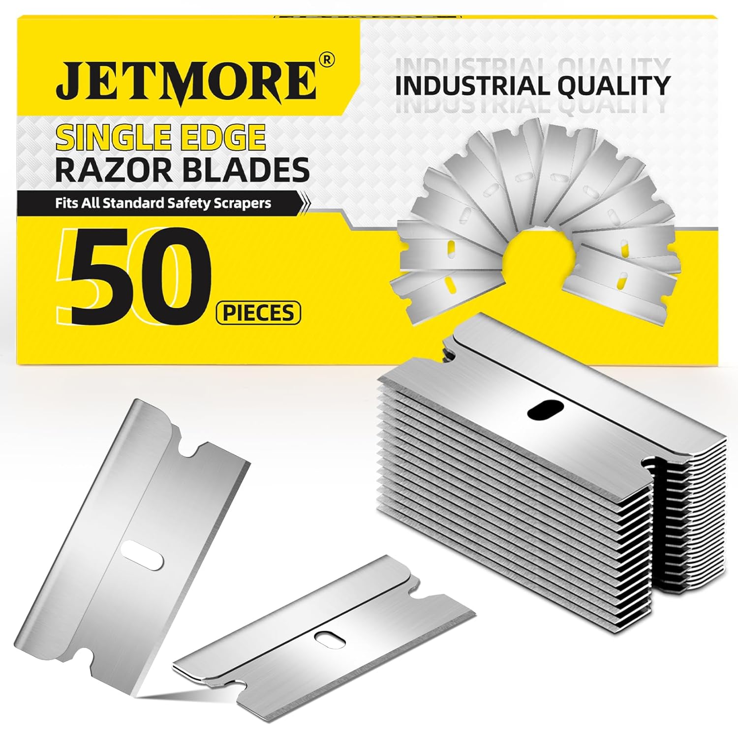 JETMORE Single Edge Razor Blades, 50 Pack High Carbon Steel Razor Blades for Scraper, Sharp Utility Blades for Removing Glue, Stickers, Labels, Paint, Glass, Safety Razor Blades Individually Wrapped