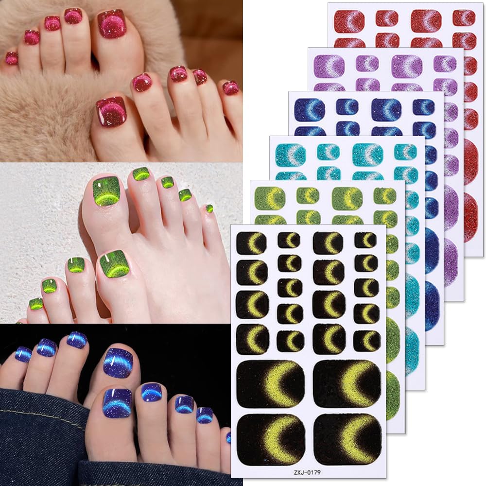 6Sheet/132Pcs Glitter Cat Eye Toe Nail Stickers Full Cover Gel Nail Wraps Strips Toenail Stickers Colorful Stick On Nail Polish Sticker for Toes Sticker Nails Self Adhesive 22Tip Toenail Nails Decals