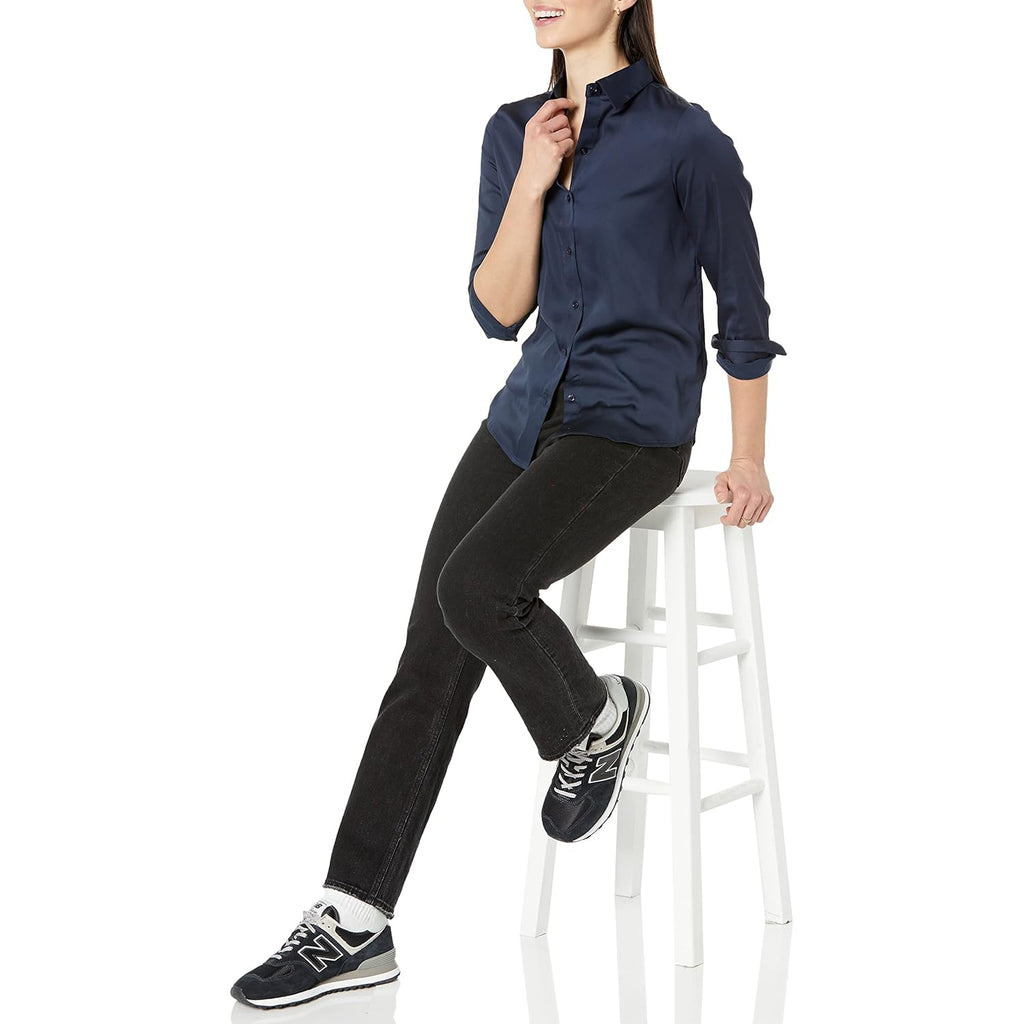 Women's Regular-Fit Long Sleeve Satin Button Down Blouse, Dressy Business Casual