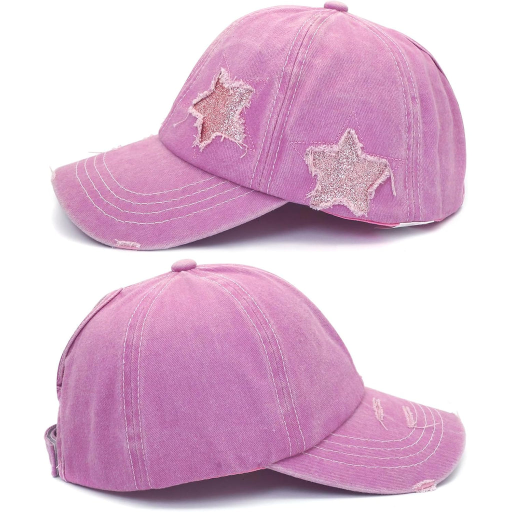 Initlove Ponytail Baseball Cap For Women Star High Messy Bun Caps Washed Cotton Distressed Hats