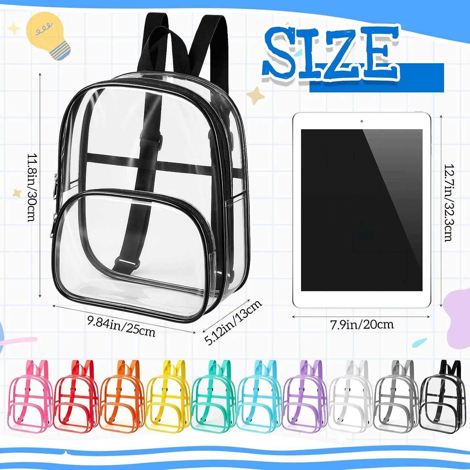 Clear Backpack Bulk Waterproof Transparent Colorful Bookbag Donation Supply Kits For Women Men(12 Inch,50 Pcs)