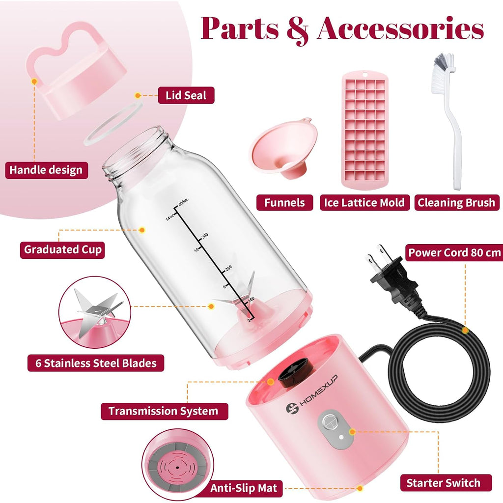 Portable Personal Blender 17 Oz/500 Ml Juicer, 175W Personal Size Blender, Ideal For Smoothies, Ice Blending, Juicing, And Food Processing, Compact, Convenient, And Versatile (Pink)