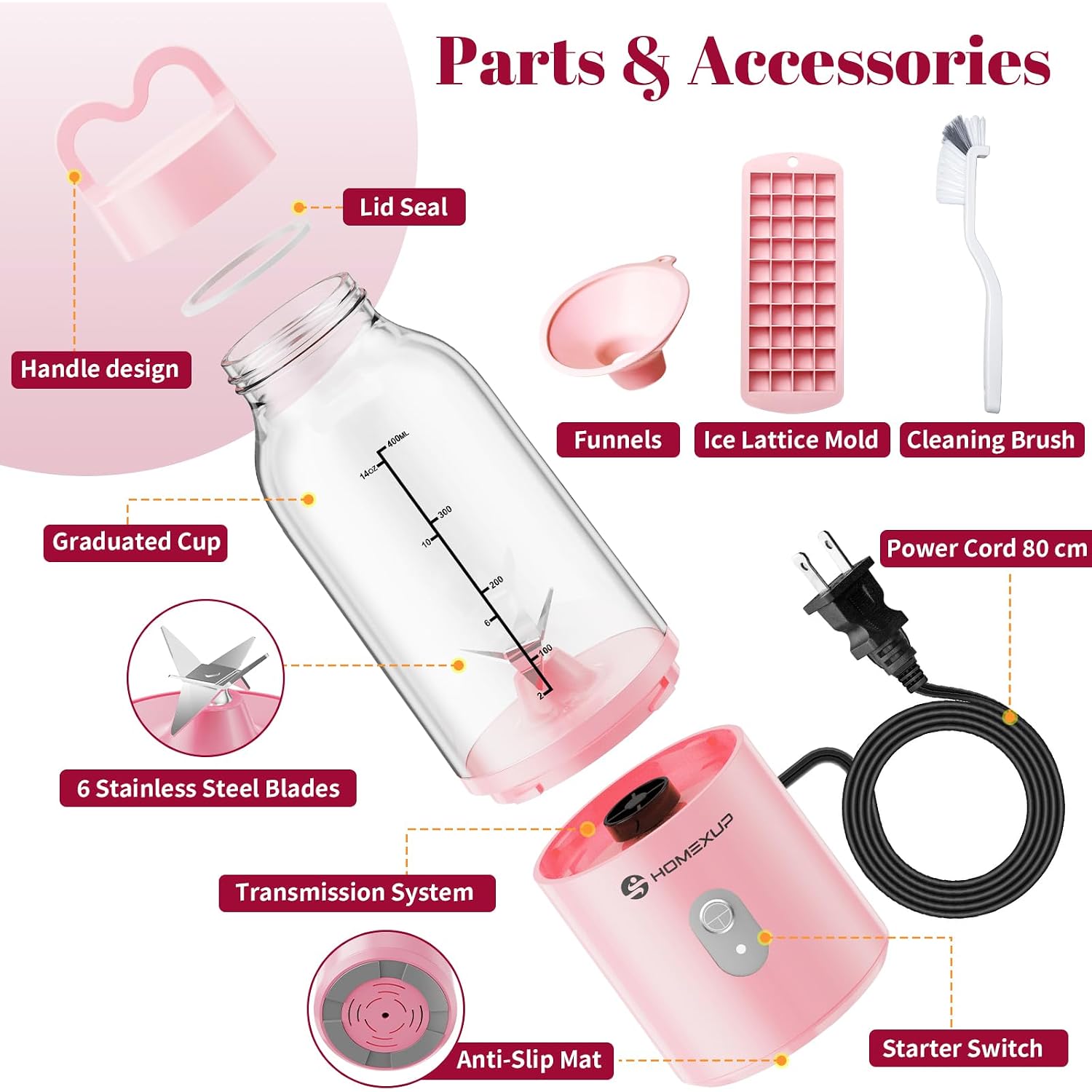 Portable Personal Blender 17 Oz/500 Ml Juicer, 175W Personal Size Blender, Ideal For Smoothies, Ice Blending, Juicing, And Food Processing, Compact, Convenient, And Versatile (Pink)