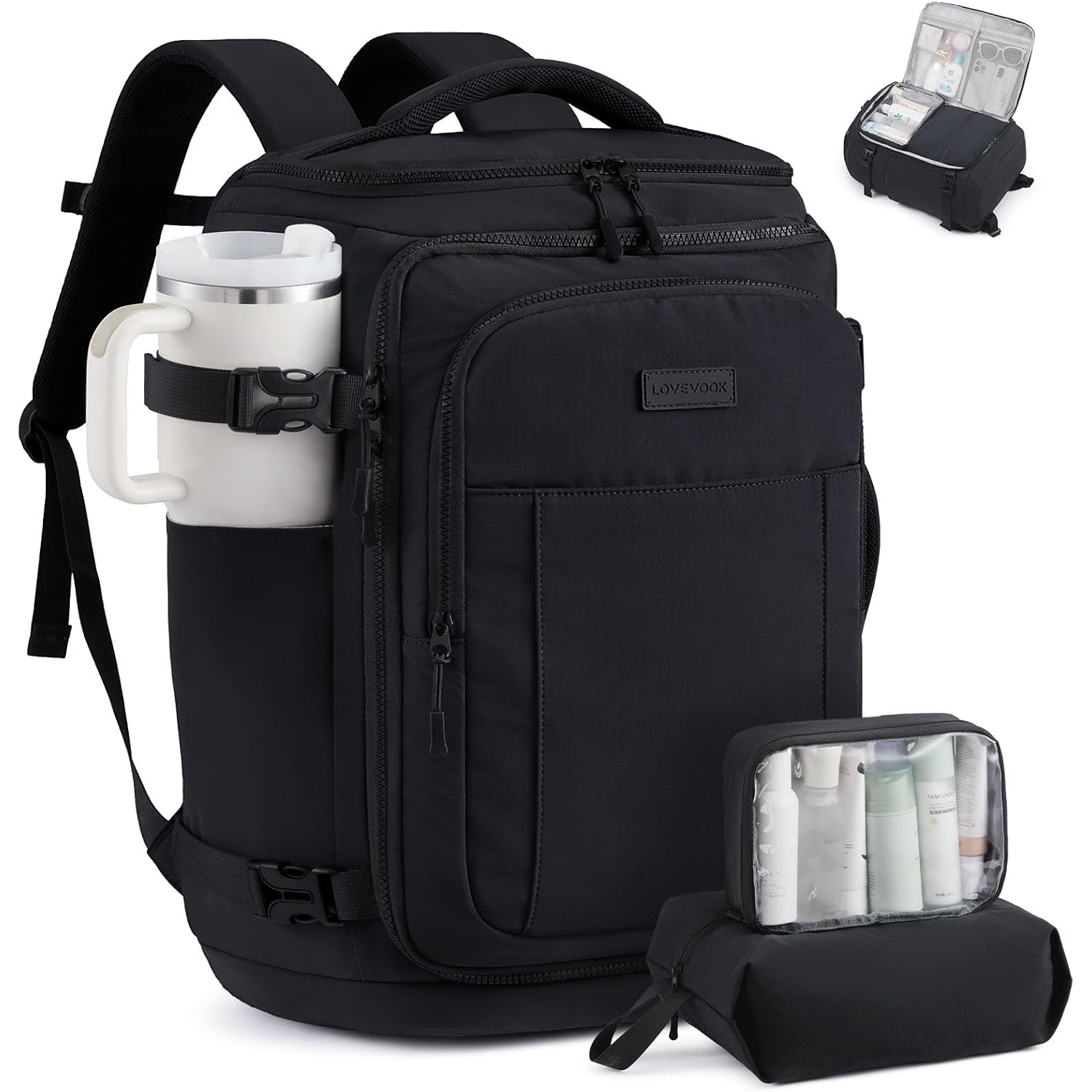 LOVEVOOK Travel Backpack for Women & Men, 25L Airline Approved Personal Item Carry On Backpack, Lightweight with 2 Packing Cubes, Waterproof Daypack for Work, Gym & Weekend Travel, Black