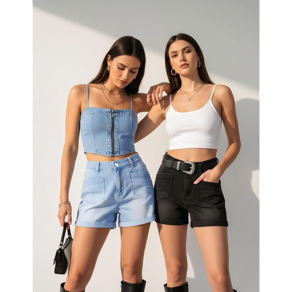 Jean Shorts Womens Strechy High Waisted Denim Shorts with Patch Pocket Cuffed Hem Casual Summer S-XXL