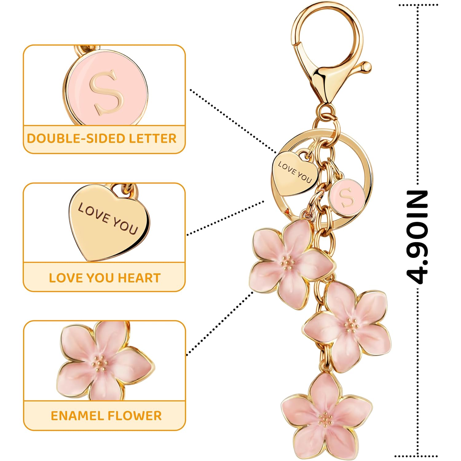 Initial Keychain Big Flower Cute Keychain Girl Purse Charms for Handbag Cute Letter Keyring for Backpack