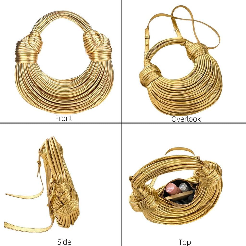 Gold Purse For Women, Woven Knotted Bread Crossbody Clutch Top Handle Creative Noodles Bag Underarm Shoulder Handbag | Woven