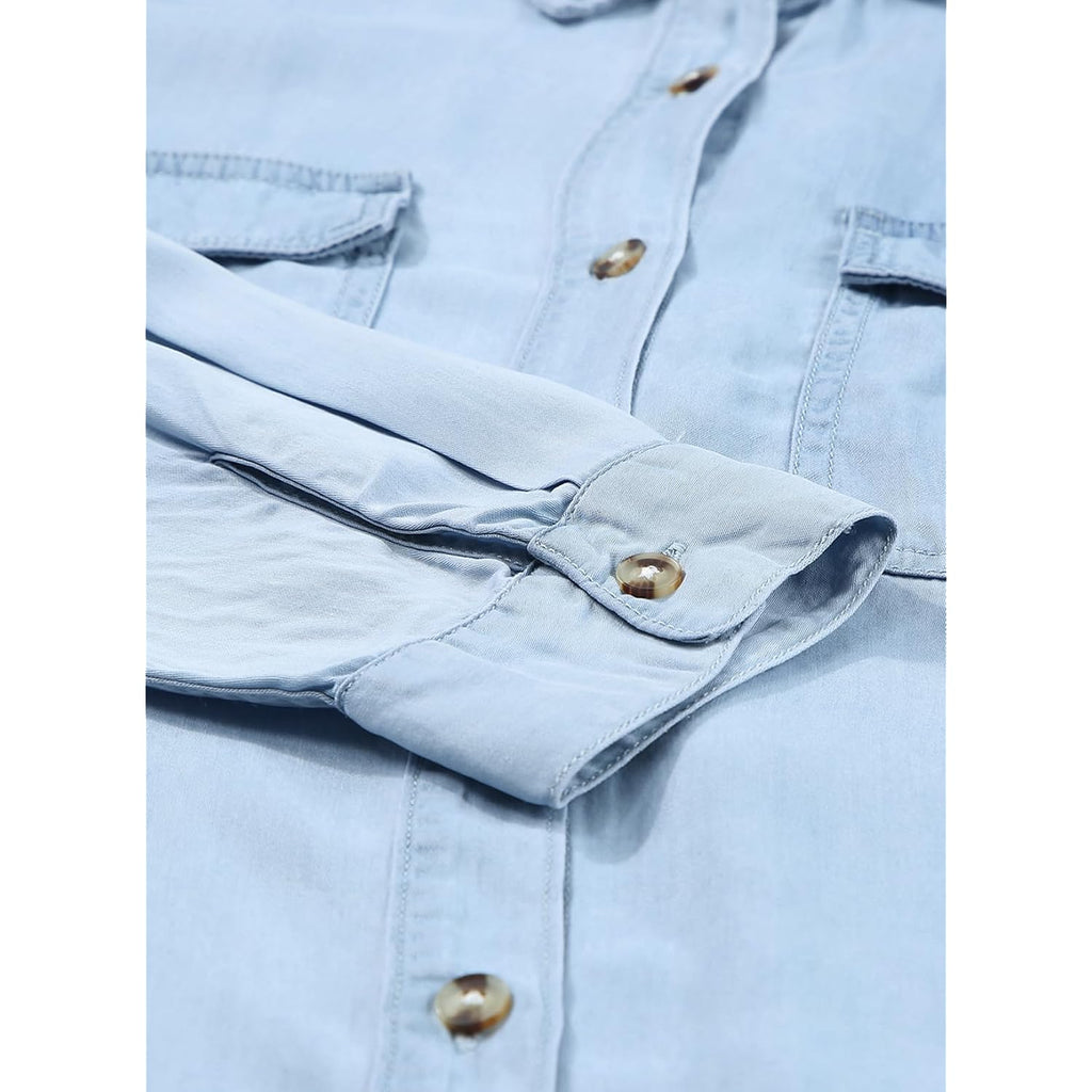 Astylish Women Button Down Denim Shirts Casual Long Sleeve V Neck Chambray Blouse Top