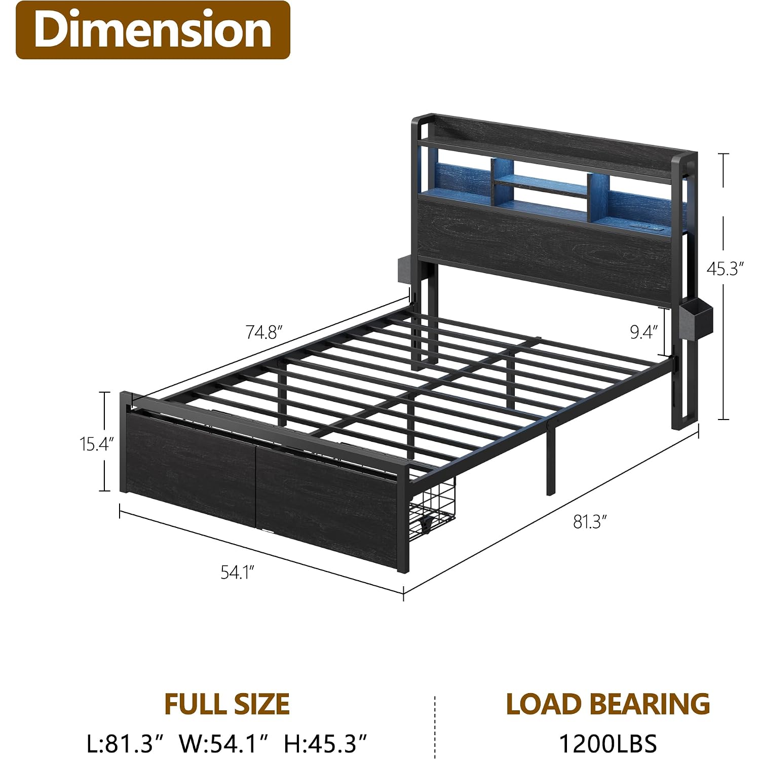 Full Size Bed Frame With Headboard And Charging Station,2 Drawers