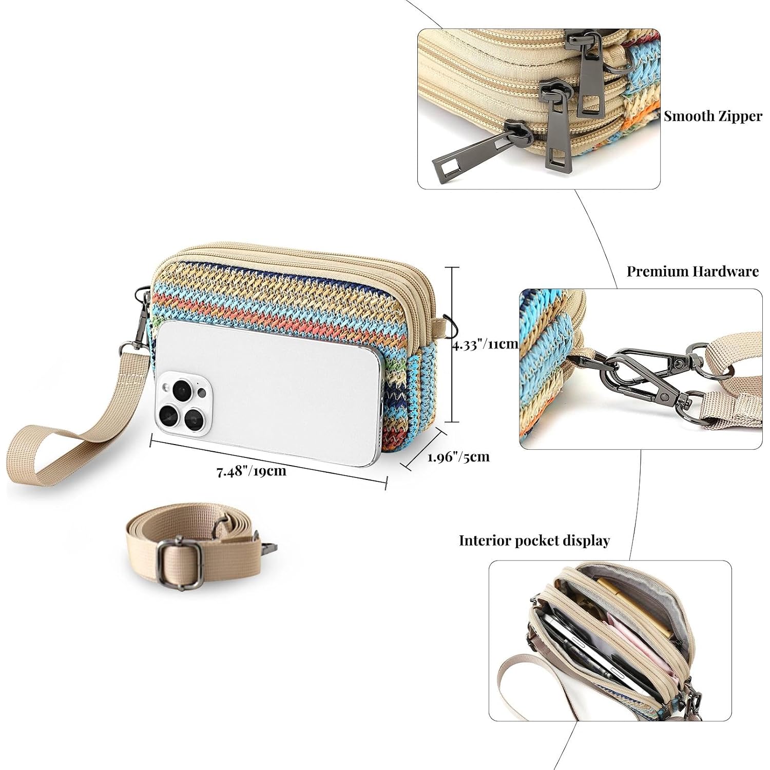Small Wristlet Wallet For Women, 3-Zip Crossbody Phone Purse