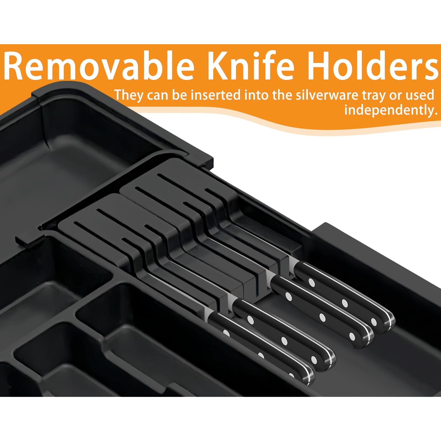 Silverware Organizer - Expandable Large Kitchen Drawer Organizer Utensil Organizer With 2 Removable Knife Blocks, 22"X 19"Cutlery Tray Drawer Dividers For Kitchen Flatware(6-9 Slots) (Black)