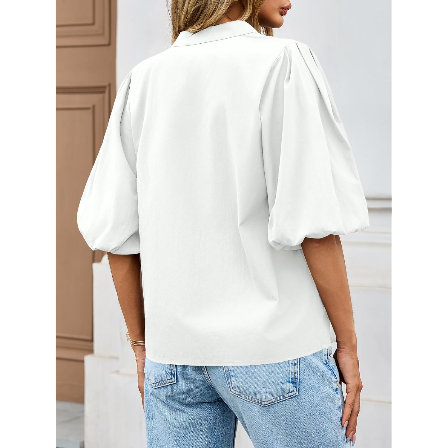 Tankaneo Womens Half Puff Sleeve Button Down Shirts Cotton Loose Fit Tops Summer Dressy Casual Blouses