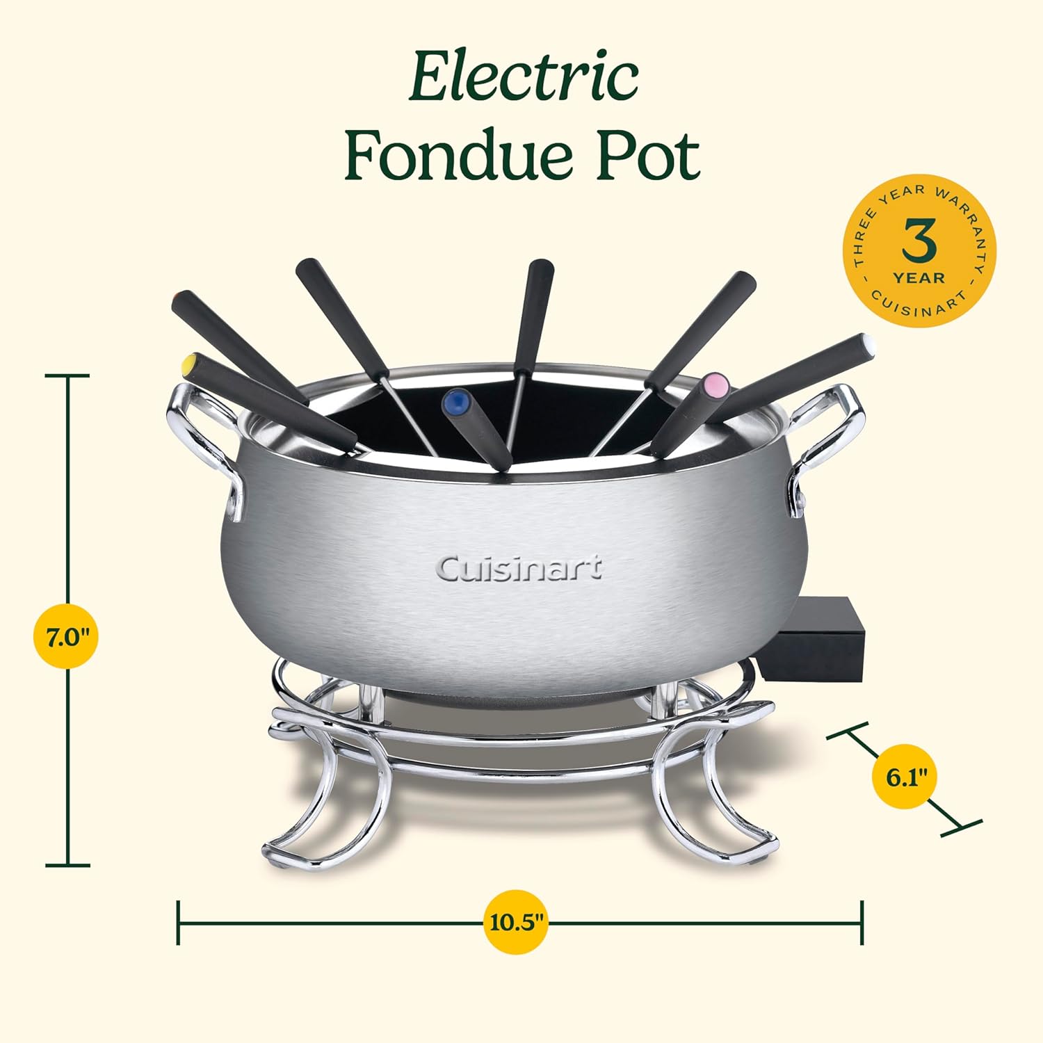 Cuisinart Fondue Pot Set, 3-Quart Stainless Steel Electric Fondue Pot for Chocolate, Cheese, Broth, and Oil, Includes 8 Forks, Temperature Control, Nonstick Interior, Dishwasher Safe, CFO-3SSNAS