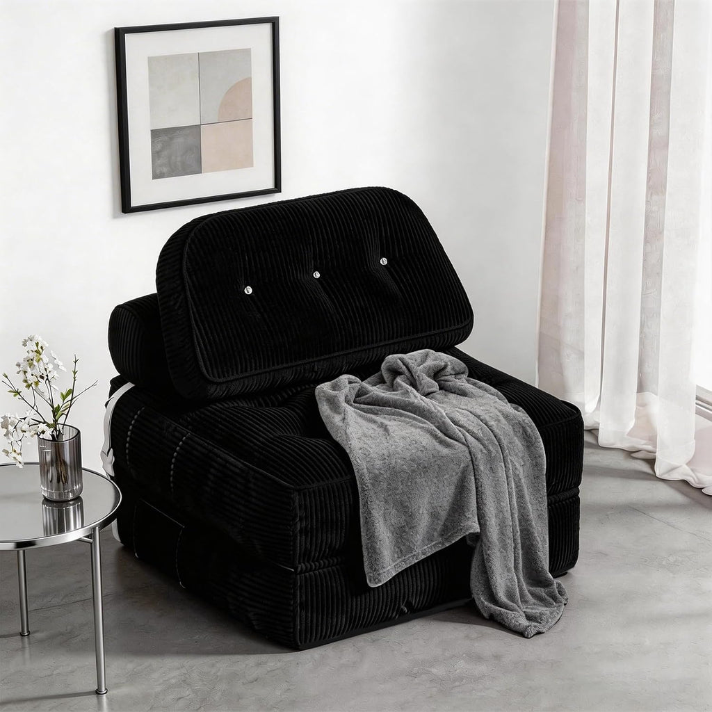 Folding Sofa Bed, Flannel Futon Couch Bed With Pillow And Blanket, Convertible Sleeper Chair For Small Space Apartment Guest Room, Black