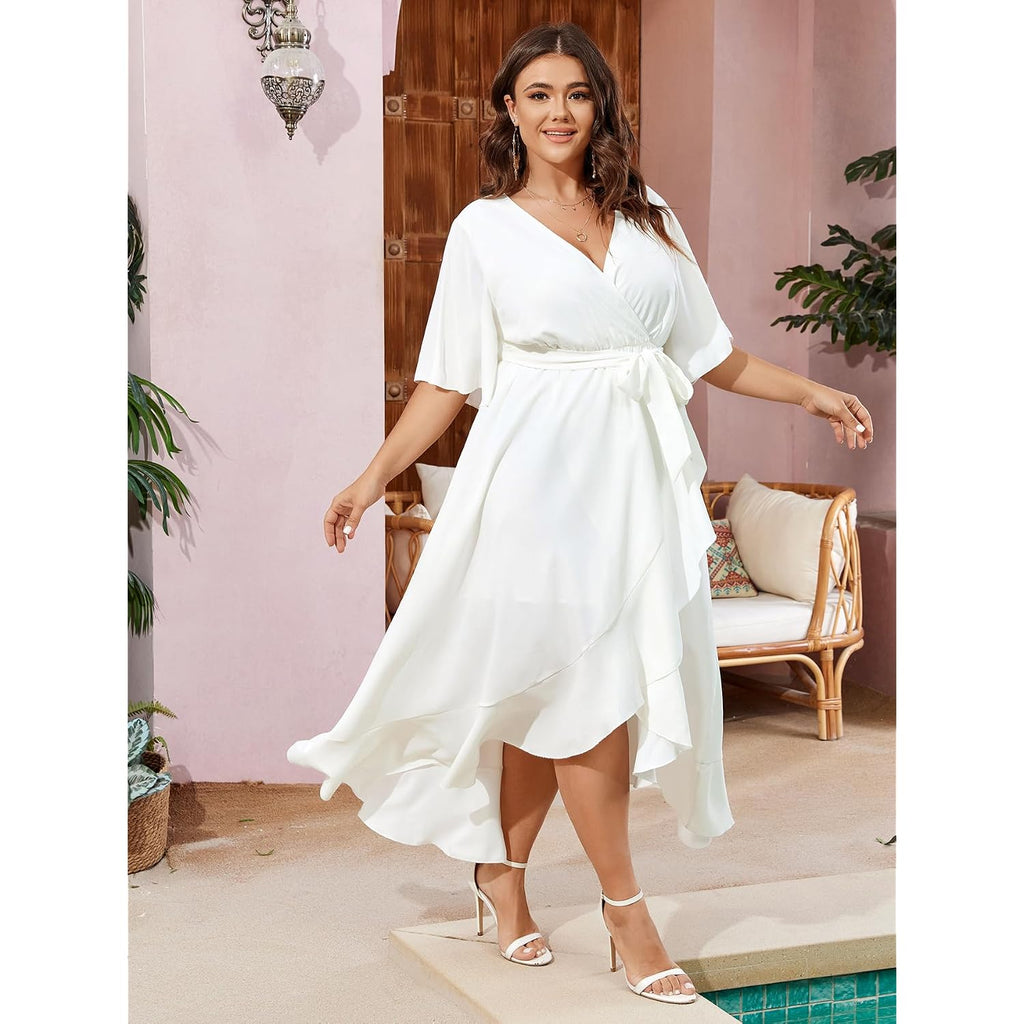 Scomchic Women Plus Size Maxi Dress Short Sleeve Wrap V Neck High Low Split Ruffle Long Dress