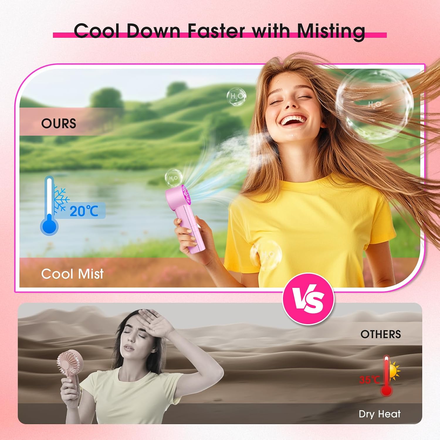 Ausic Portable Handheld Misting Fan, Pink Turbo Fans With Mist, High-Speed, Personal Small Water Spray Fan, Outdoor Cooling Rechargeable Battery Pocket Fans For Kids/Travel/Makeup/Shopping