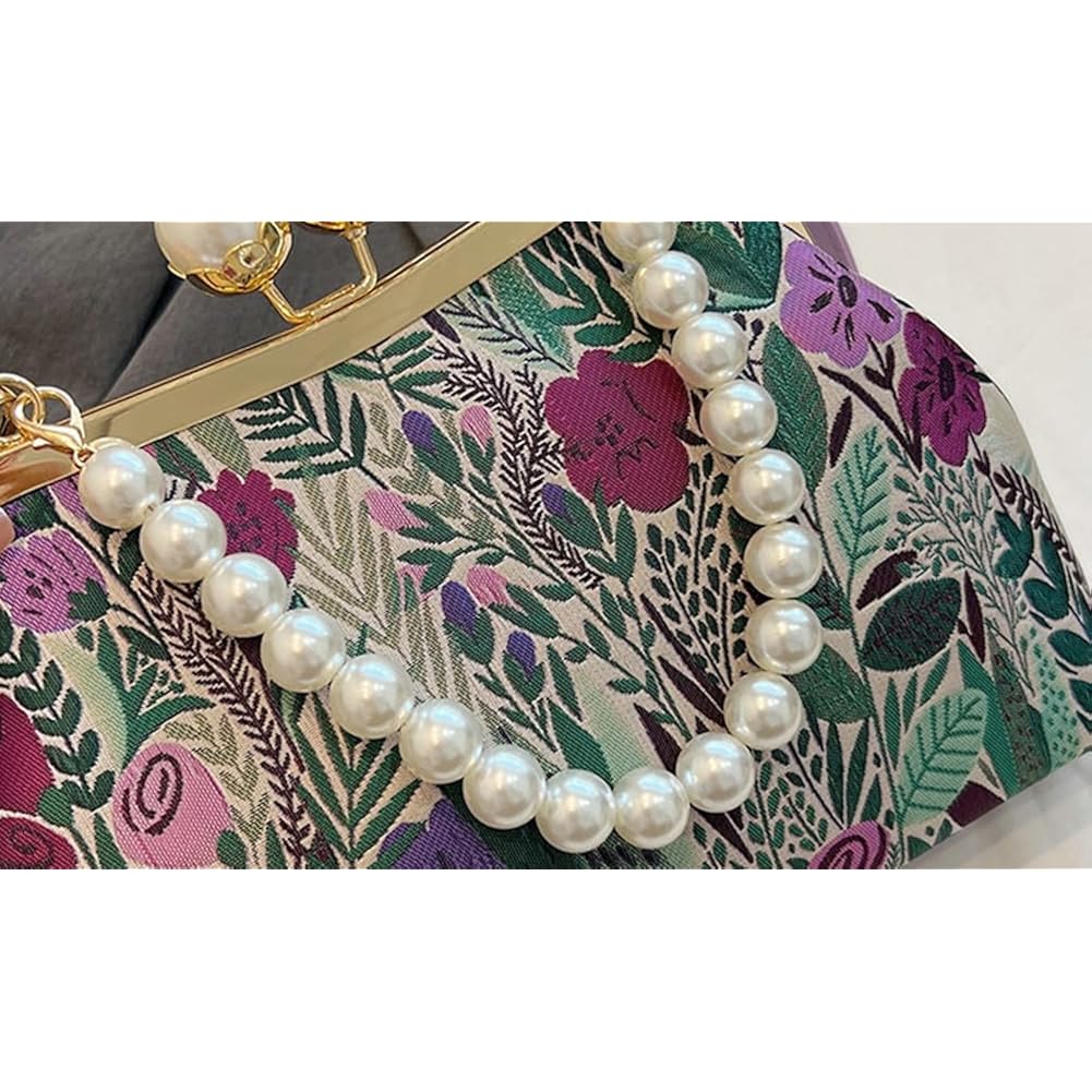 Vintage Embroidered Flower Handbag Retro Pearl Chain Crossbody Bag Clutch Kiss Lock Top Handle Shoulder Purse Wallet 2026