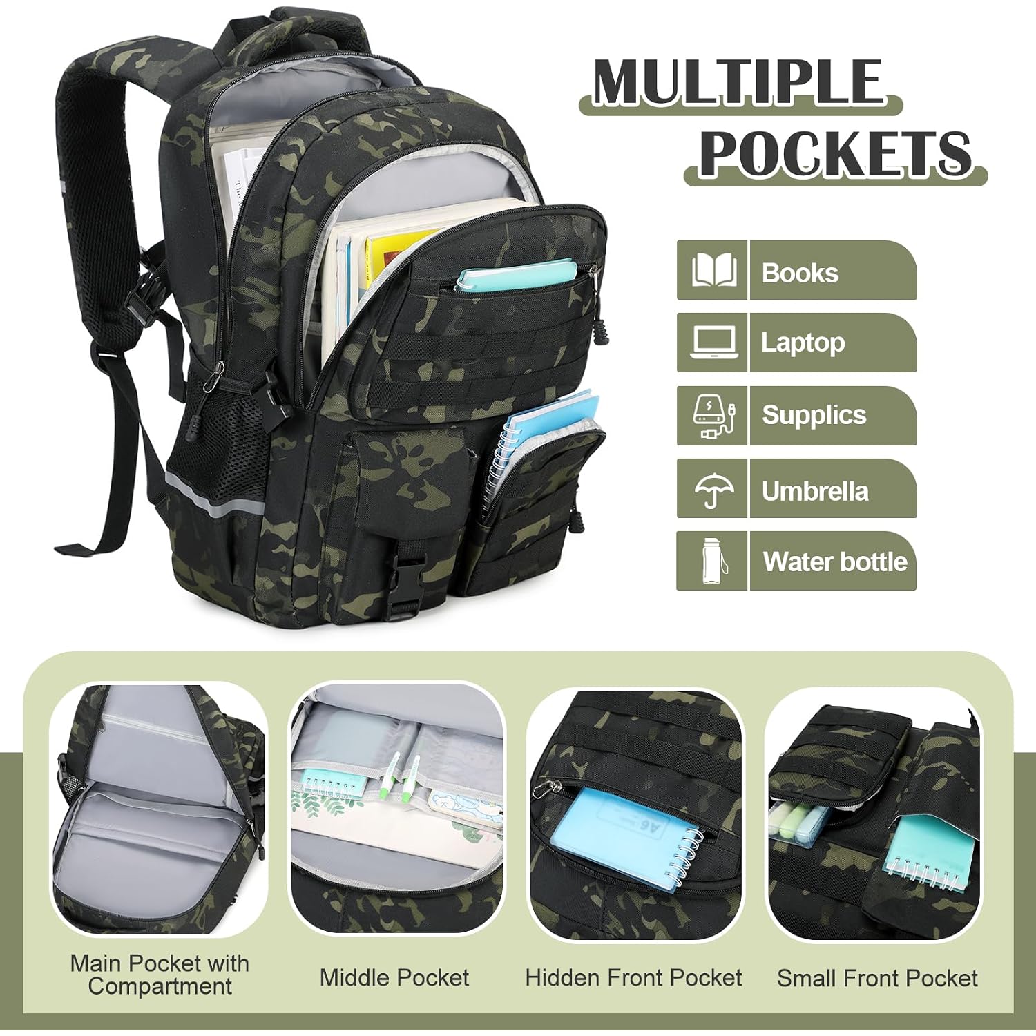 Camo Backpack For Boys With Lunch Box Pencil Case Usb Charging Port | Tactical Boys Backpack For School Kids Military Army Schoolbags For Boy Teens Kids Elementary Middle High, Black Grey Camo