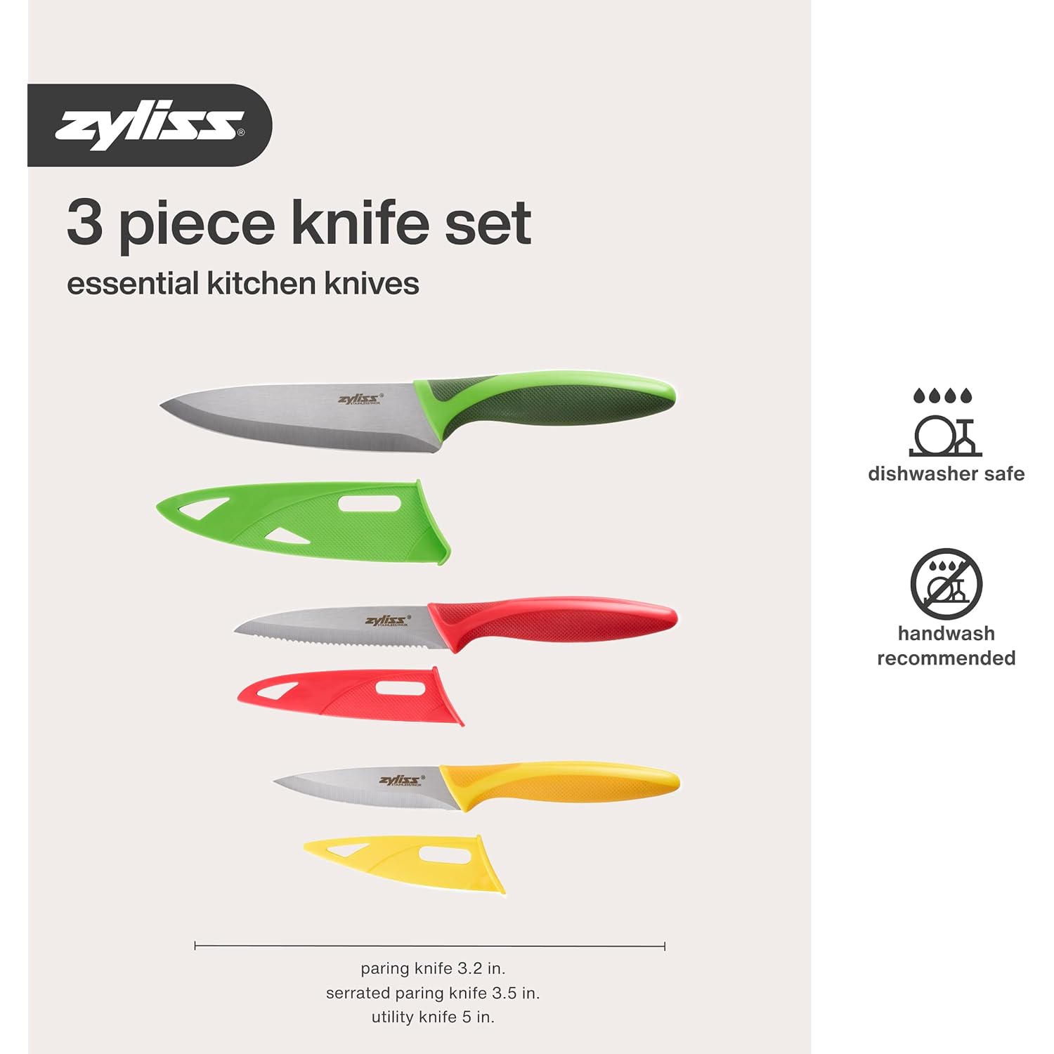 Zyliss 3 Piece Knife Value Set - Kitchen Knife Set - Kitchen Knife Set with Sheath Covers - Includes Paring, Serrated Paring & Utility Knives - Stainless Steel