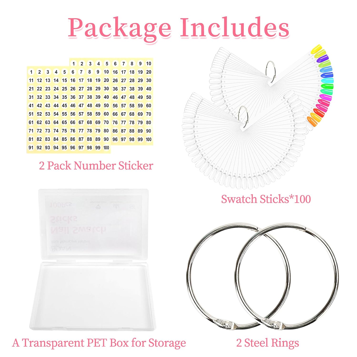 BQAN 100 Pcs Nail Swatch Sticks with Ring, Nails Art Display/Nail Practice Sticks for Home or Salon Use, 2 Pack Number Stickers