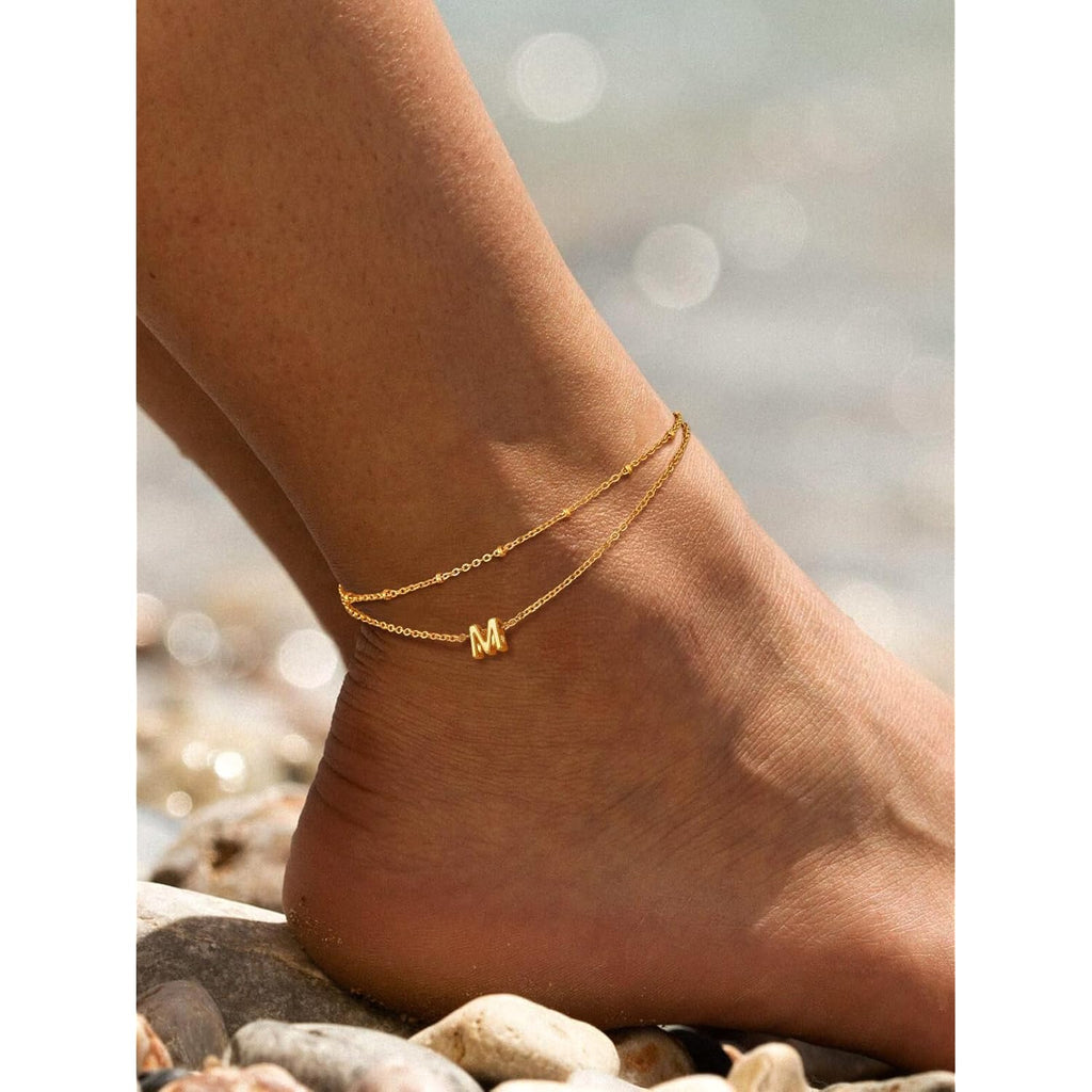 FaithHeart Initial Ankle Bracelets for Women, Waterproof 14k Gold Plated Initial Anklets Non Tarnish Stainless Steel Cute Layered Anklet Summer Beach Jewelry