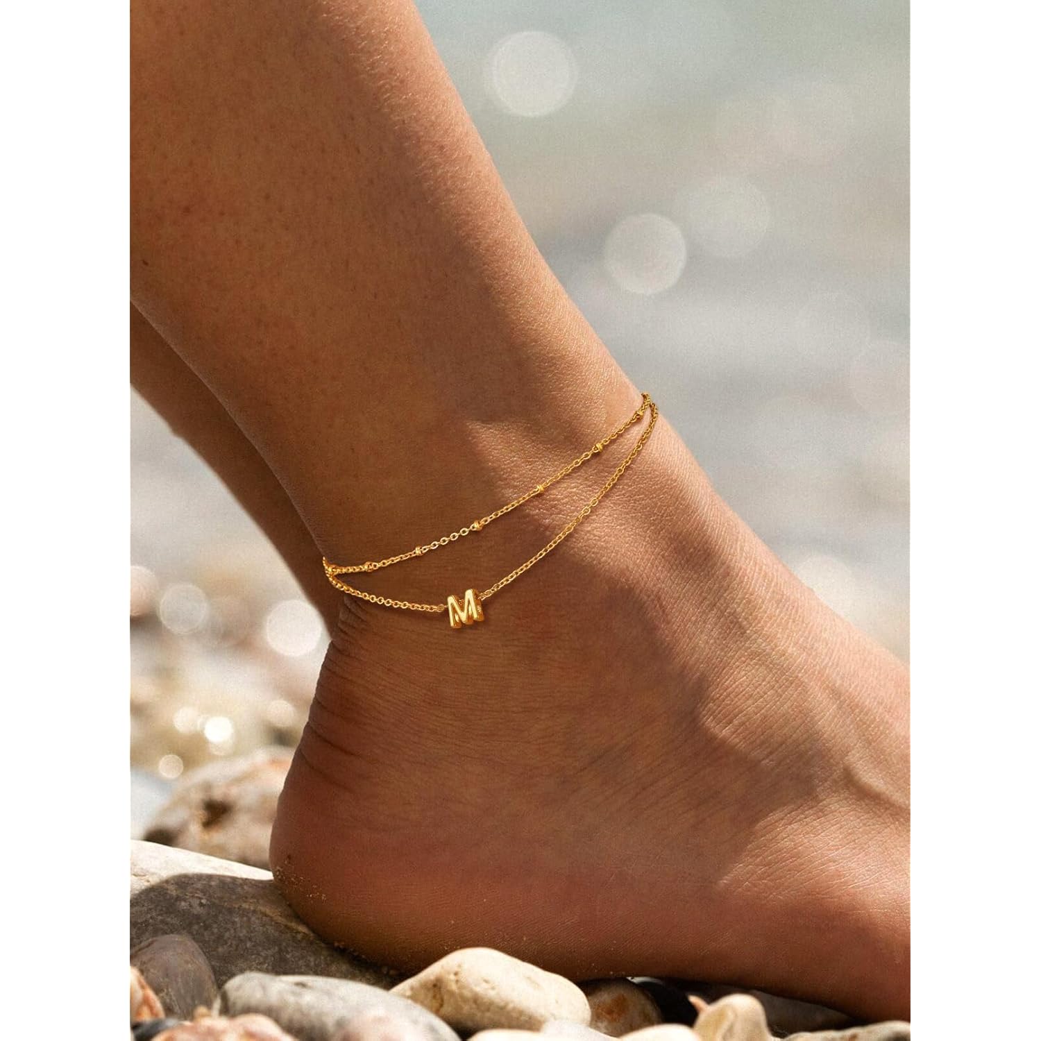 FaithHeart Initial Ankle Bracelets for Women, Waterproof 14k Gold Plated Initial Anklets Non Tarnish Stainless Steel Cute Layered Anklet Summer Beach Jewelry