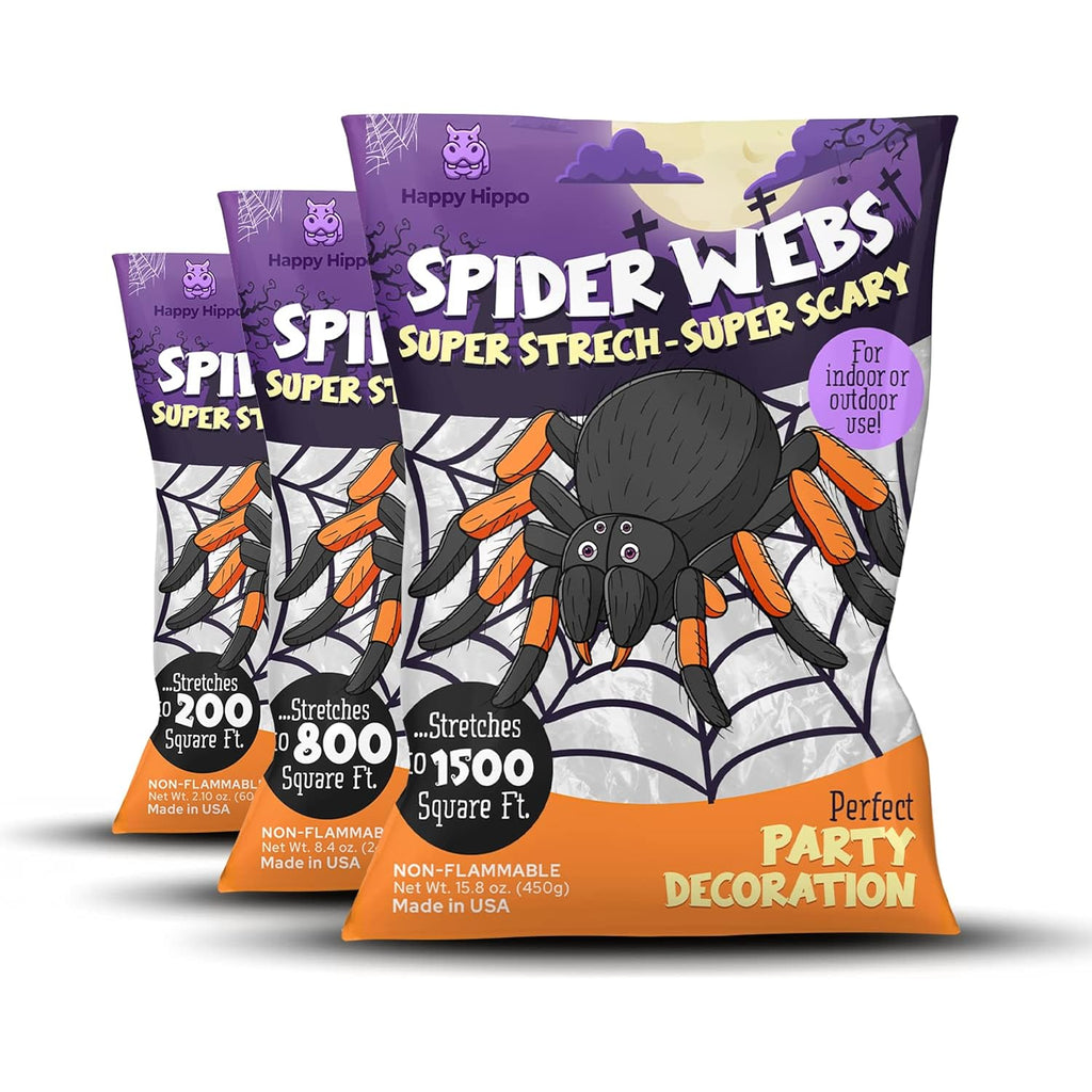 Happy Hippo Halloween Spider Web Decoration, 200 Sqare Feet & Plastic Spiders, Halloween Party Supplies, Spider Webs (Small, 200 Sq Feet) (8 Fake Spiders Included)