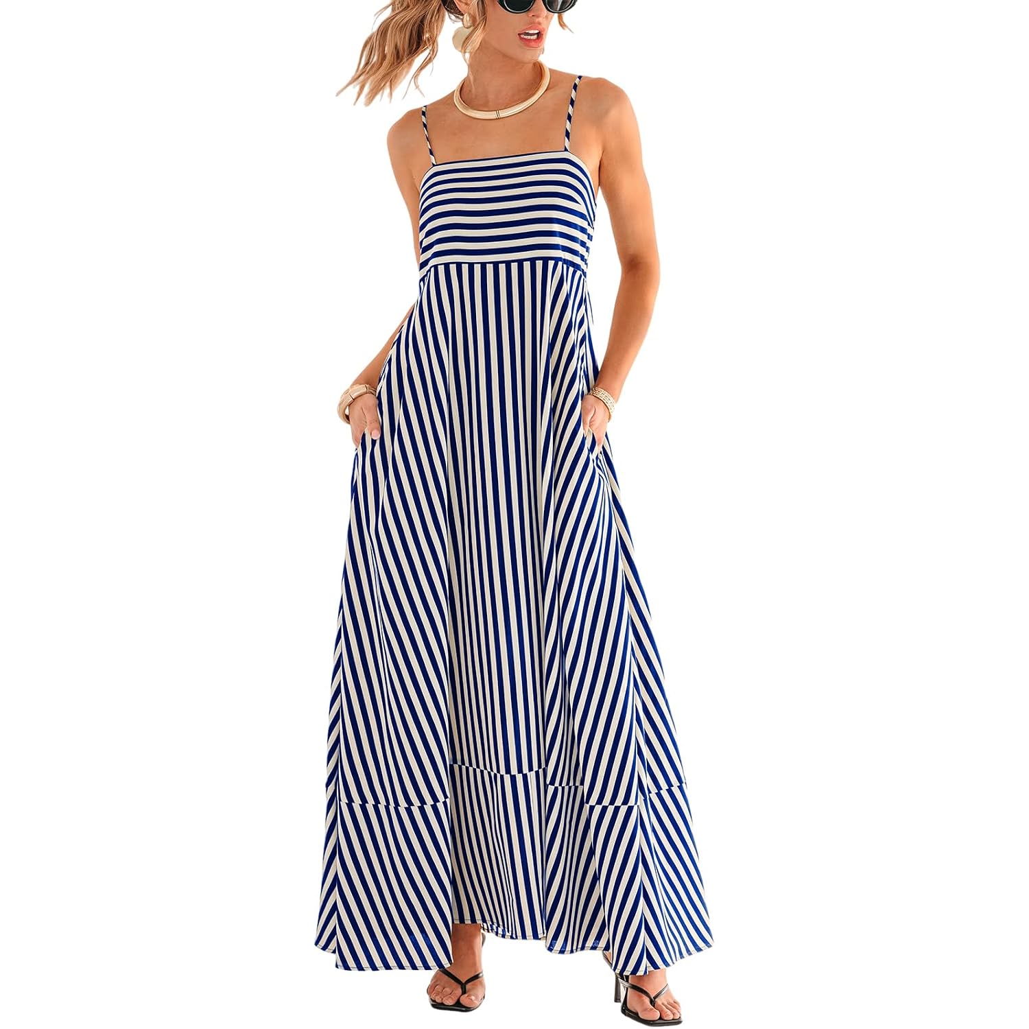 Cupshe Womens Summer Maxi Dress Casual Sleeveless Square Neck Striped Beach Long Dress With Pockets