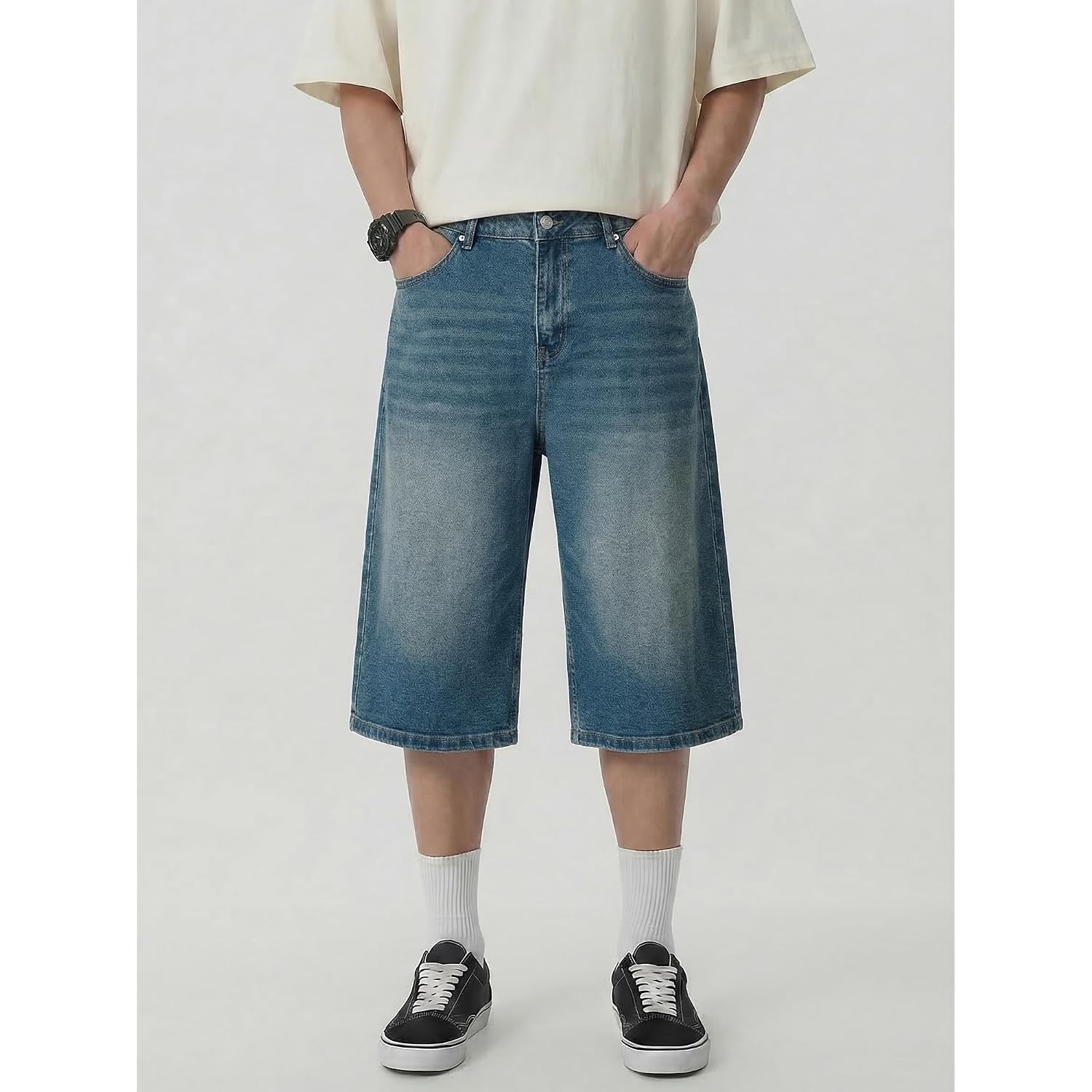 Jmierr Mens Baggy Jeans Wide Leg Loose Fit Denim Shorts Streetwear Below Knee Jorts