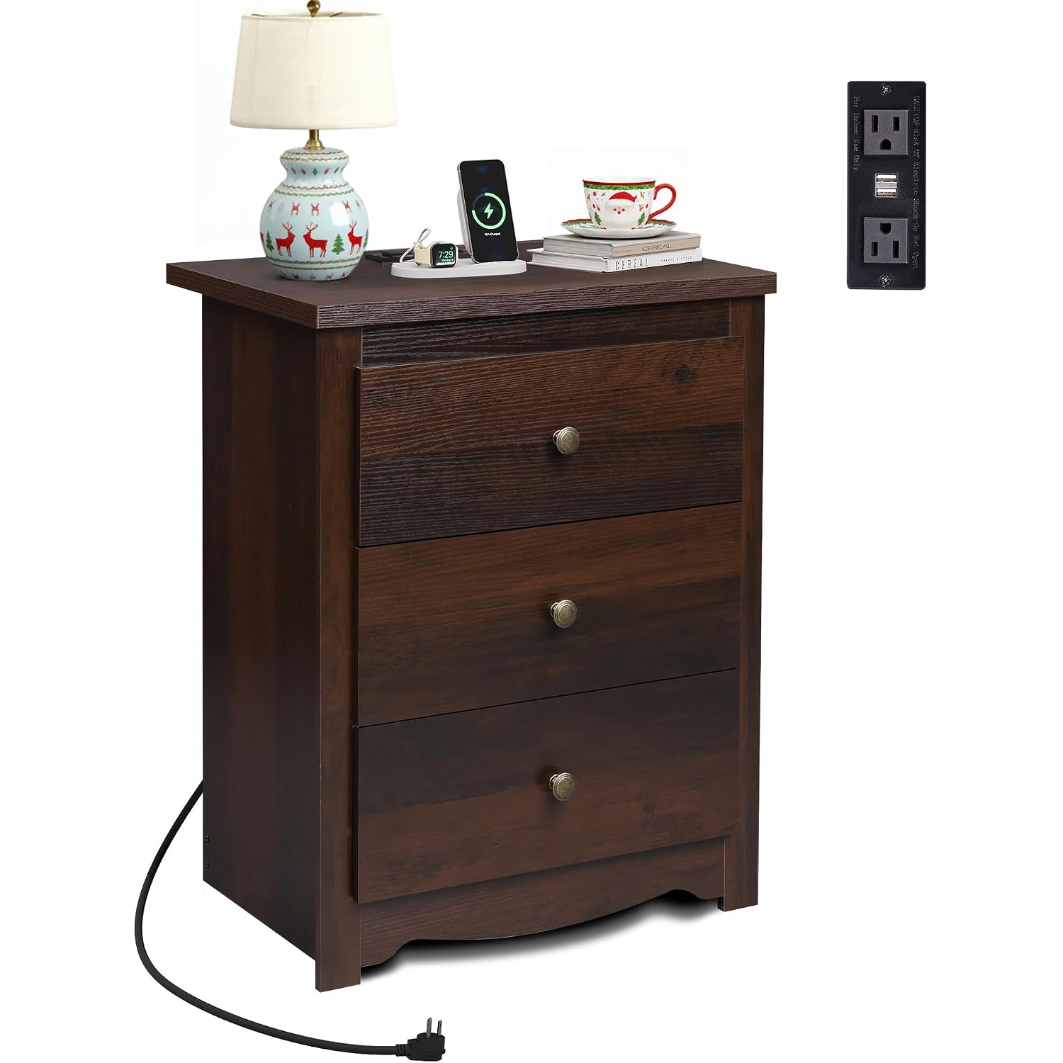 Wlive Tall Nightstand With Charging Station, Wood Night Stand With 3 Drawers Storage, Bedside Table End Side Tables With 2 Usb Ports And Outlets For Bedroom, Closet, Espresso