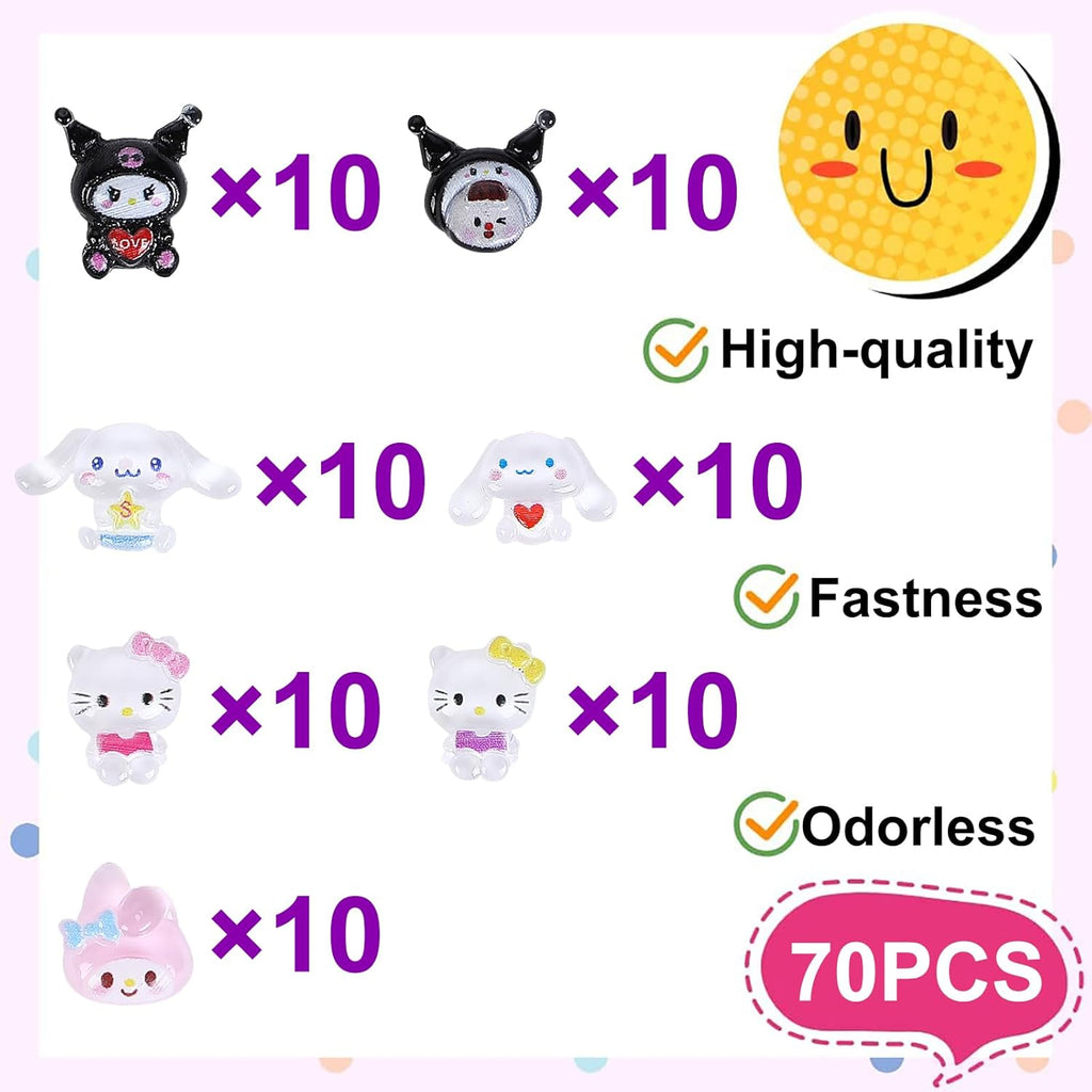 70Pcs Kawaii Nail Charms, 3D Cute Cartoon Nail Art Decorations, Resin Flatback Charms for Acrylic Nails DIY Crafts, 7 Styles with Storage Box