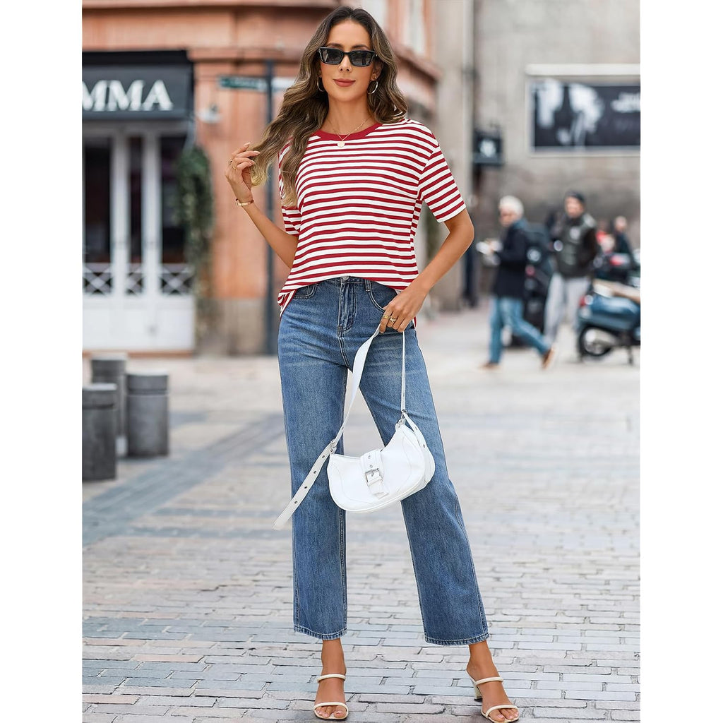 Merokeety Women'S 2026 Summer Short Sleeve Tops Casual Colourful Striped Crewneck Loose Work T Shirts Blouses