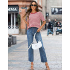Merokeety Women'S 2026 Summer Short Sleeve Tops Casual Colourful Striped Crewneck Loose Work T Shirts Blouses