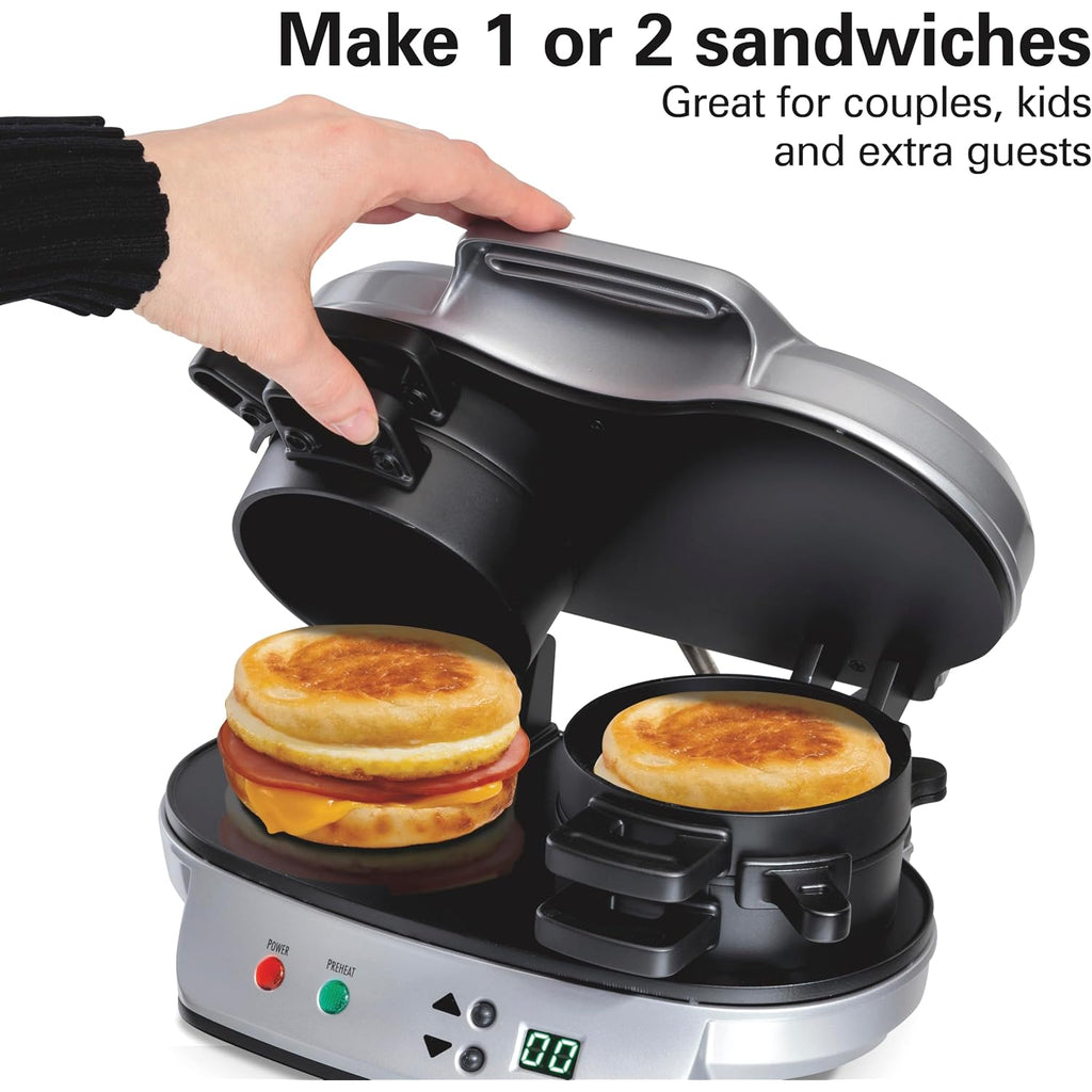 Hamilton Beach Dual Breakfast Sandwich Maker With Egg Cooker Rings & Timer | Perfect For English Muffins, Croissants, Mini Waffles | Customizable & Fast |Pfas-Free | Silver | 25490Mna