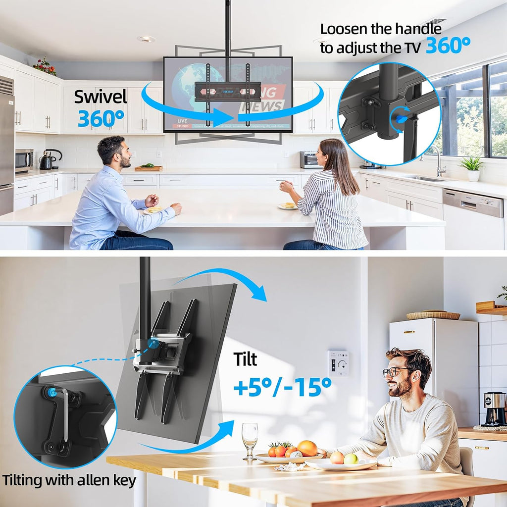 Ceiling Tv Mount For 26-65 Inch Tvs, 360° Swivel Full Motion Ceiling Mount Tv Bracket, Height Adjustable, Tilt Tvs Ceilings Mounts, Supports Up To 110 Lbs, Max Vesa 400X400Mm