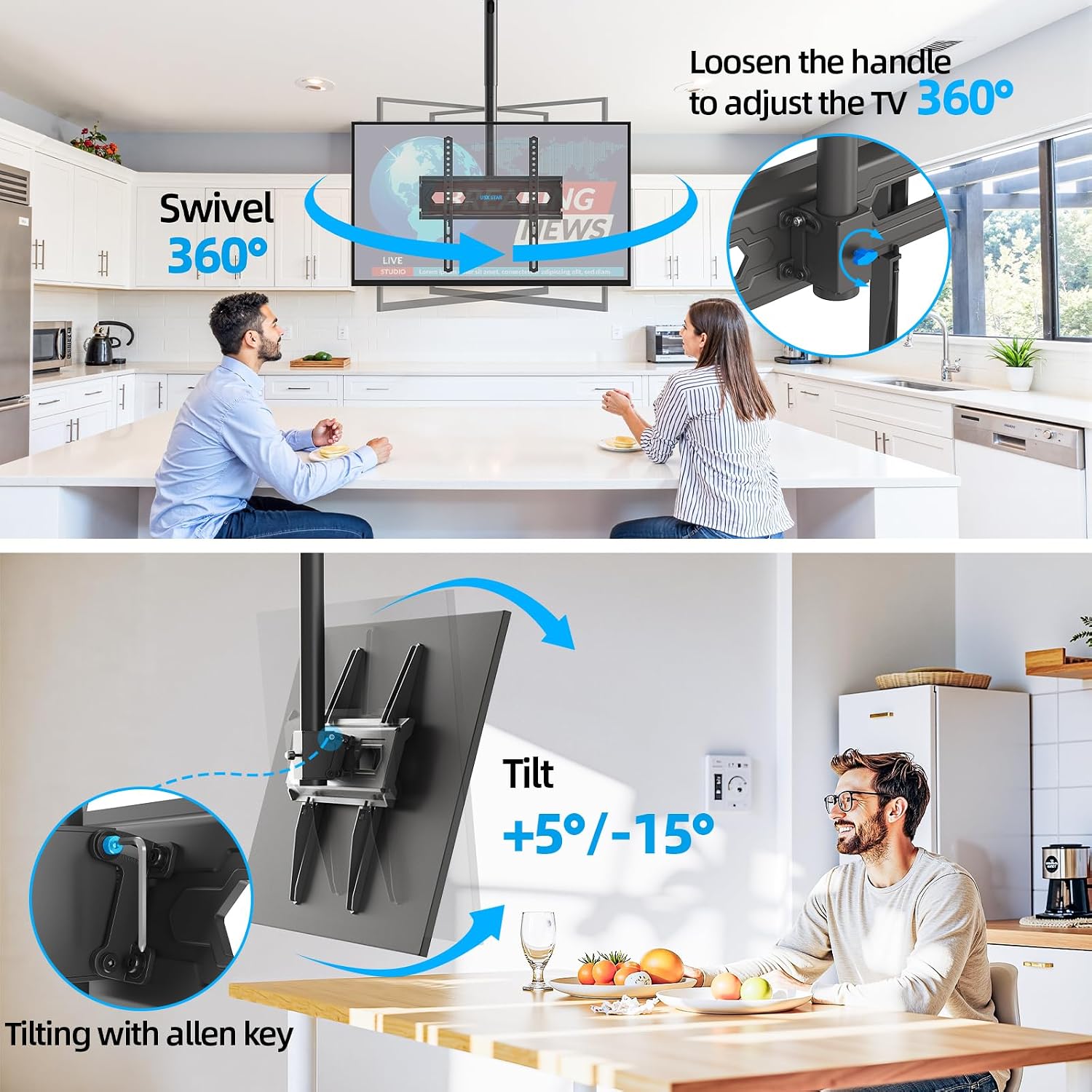 Ceiling Tv Mount For 26-65 Inch Tvs, 360° Swivel Full Motion Ceiling Mount Tv Bracket, Height Adjustable, Tilt Tvs Ceilings Mounts, Supports Up To 110 Lbs, Max Vesa 400X400Mm