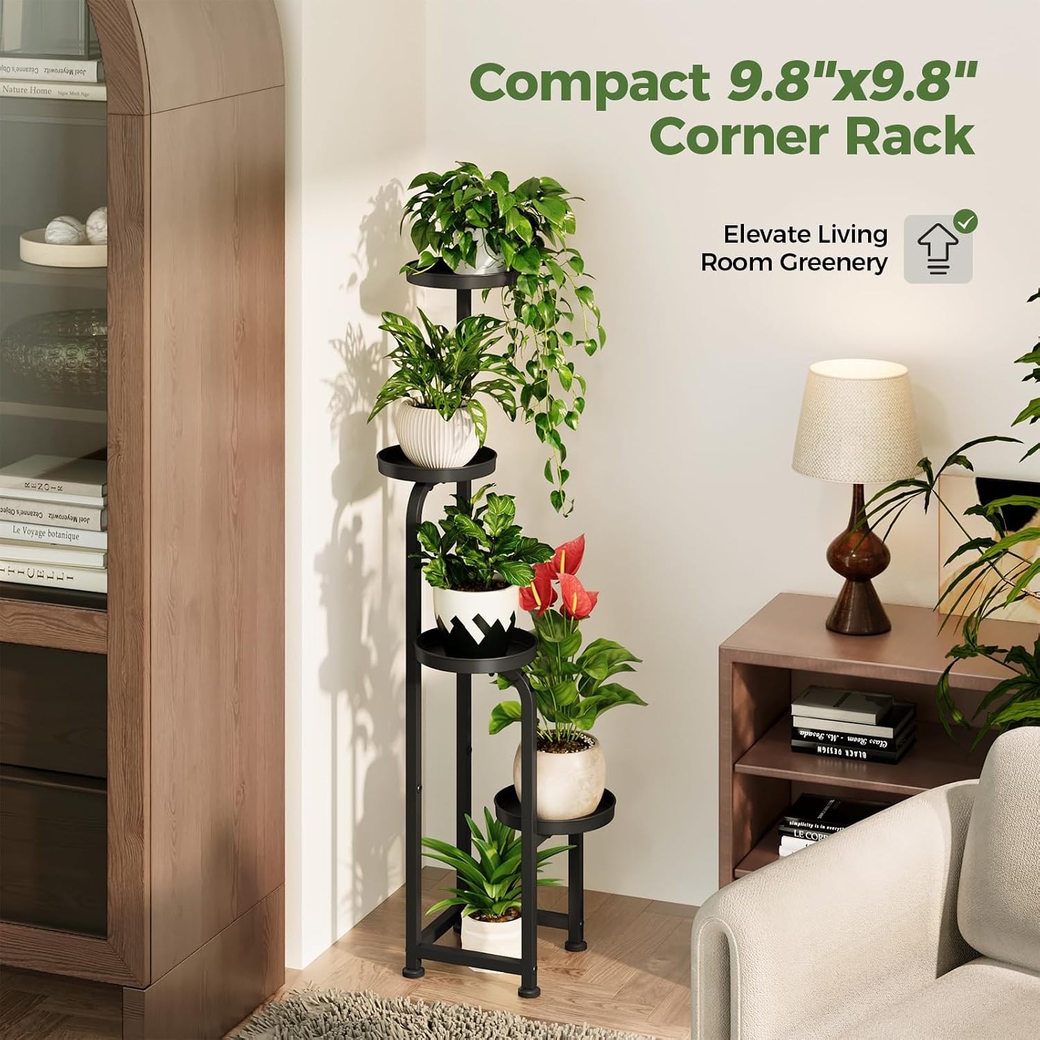 Bamworld Tall Plant Stand Indoor Outdoor, Corner Metal Flower Pot Stands For Multiple Plants, 4 Tier Heavy Duty Plant Shelf For Patio Garden Balcony Living Room Bedroom(Patent Design)