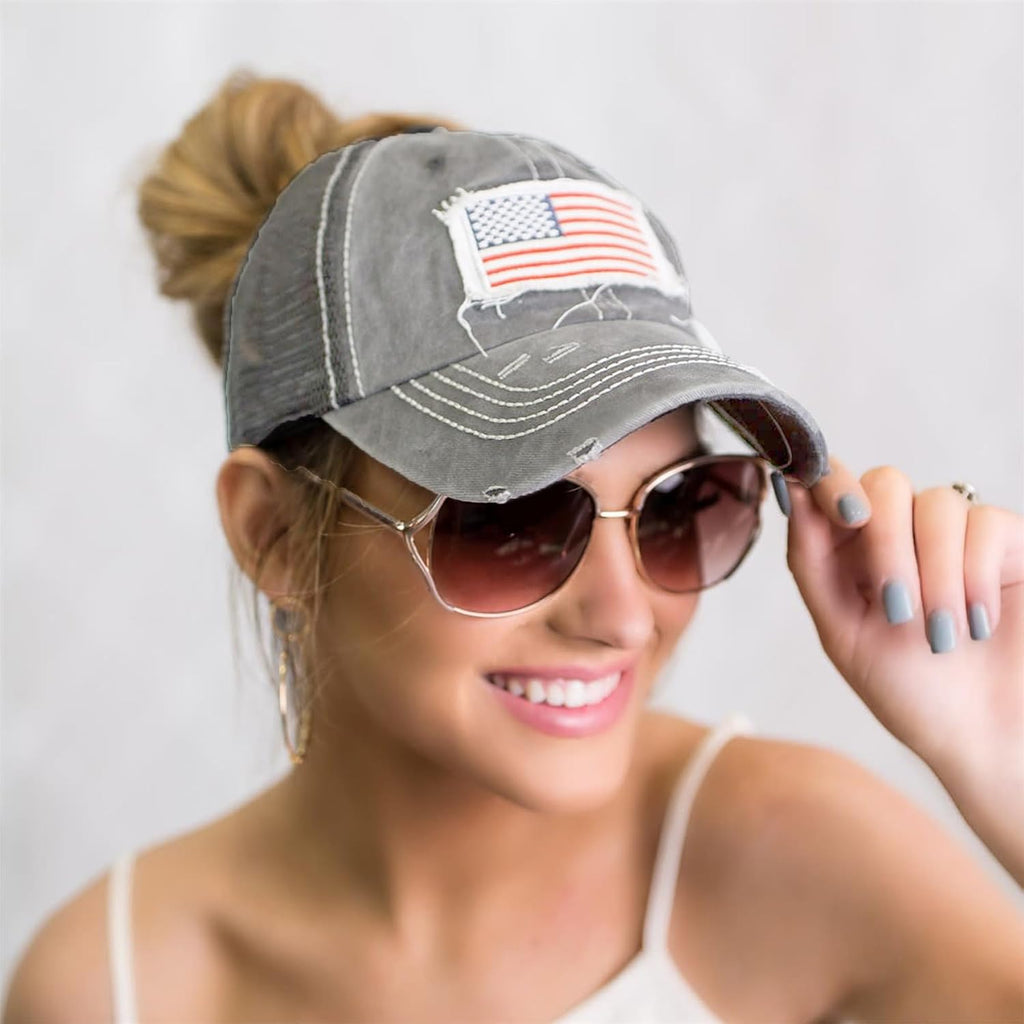 Woman Man Ponytail Baseball Cap - US Flag Breathable Mesh Outdoor Golf Sun Hat for Summer Gray