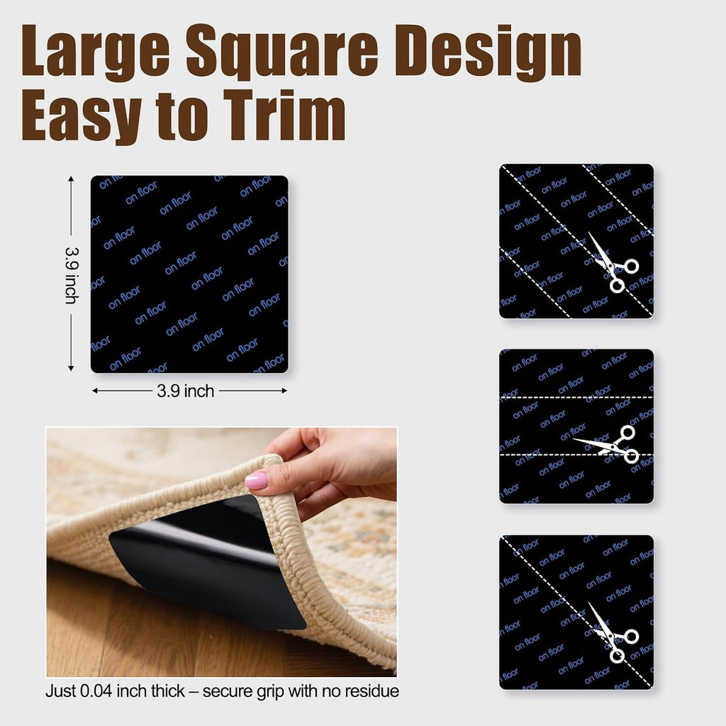 Premium Rug Grippers & Carpet Tape – 12Pcs Square Anti-Slip Pads For Area Rugs, 3.9 Inch, Prevent Curling & Sliding, Ideal For Hardwood, Tile, Marble, And Laminate Floors