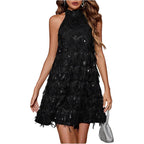 Oyoangle Women'S Sequin Sparkly Cocktail Party Dress Glitter Sleeveless Halter Mini Dress Outfits Clubwear
