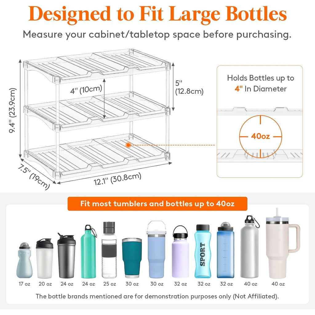 Lifewit Stackable Bottle Storage Organizer, Clear Freestanding Wine Holder For Cabinet, Large Slot Water Bottle Tumbler Cup Organizer For Pantry, Plastic Wine Rack For Fridge Cellar, 3Tier Hold 9
