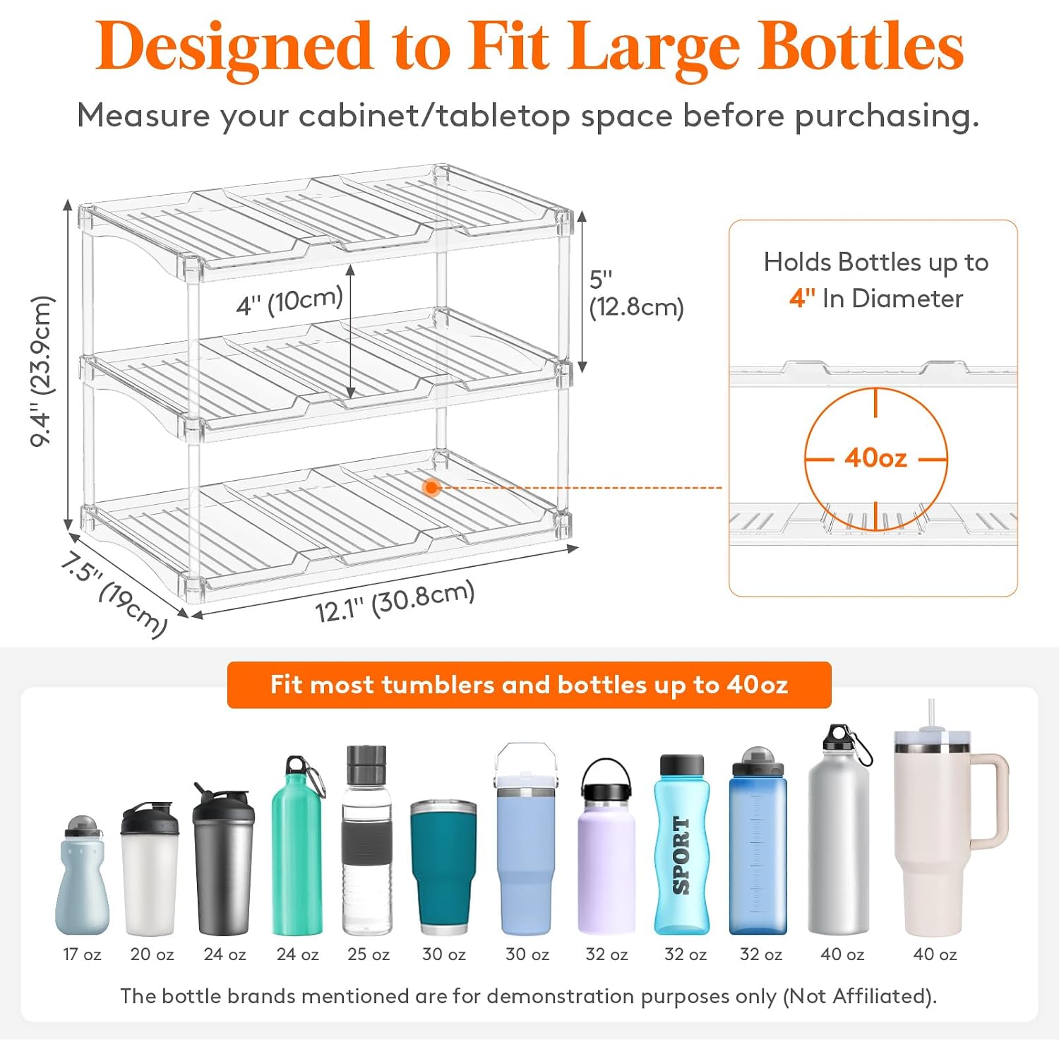 Lifewit Stackable Bottle Storage Organizer, Clear Freestanding Wine Holder For Cabinet, Large Slot Water Bottle Tumbler Cup Organizer For Pantry, Plastic Wine Rack For Fridge Cellar, 3Tier Hold 9