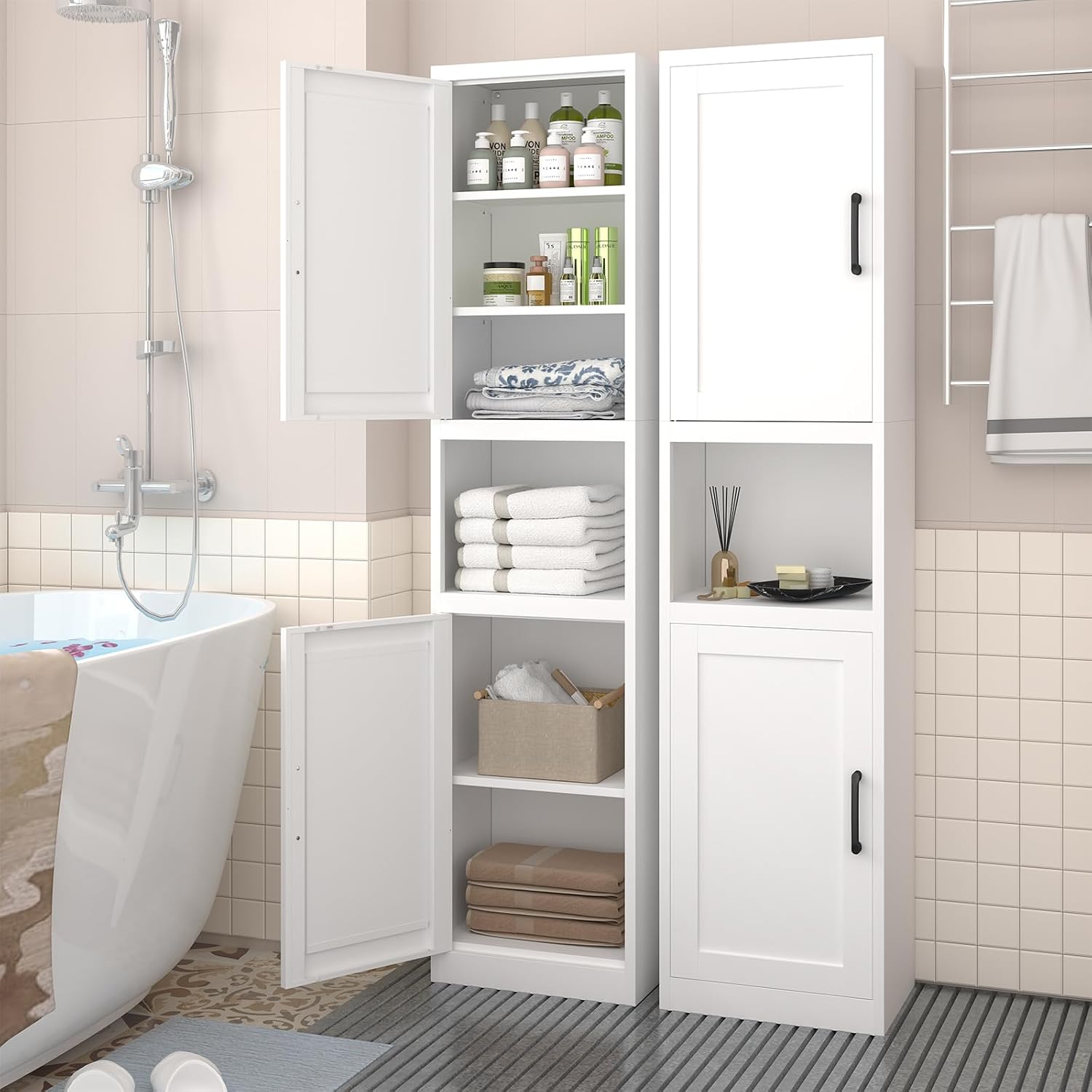 67" Tall Slim Pantry Cabinet, Narrow Bathroom Storage Cabinet | Metal Skinny Cabinet With Door And Adjustable Shelves, For Small Spaces, Kitchen, Bathroom, Laundry Room, Living Room, White