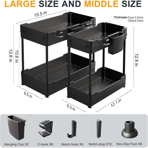 2 Pack Under Sink Organizer, Under Bathroom Cabinet Organizer With Hooks Hanging Cup, Multi-Purpose Storage Shelf For Kitchen Bathroom, Black