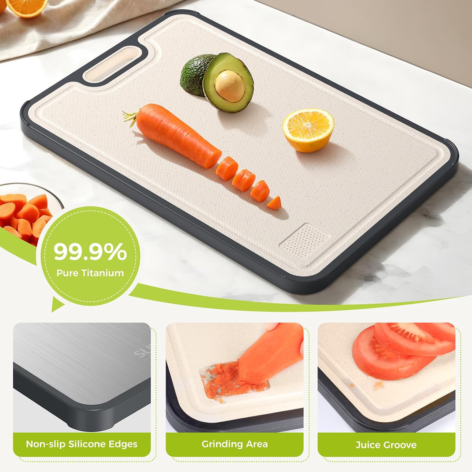 Titanium Cutting Board For Kitchen, Cutting Board Double Sided Food Grade, Pure Titanium/Pp, Easy To Clean Large Size 15”×10.3”