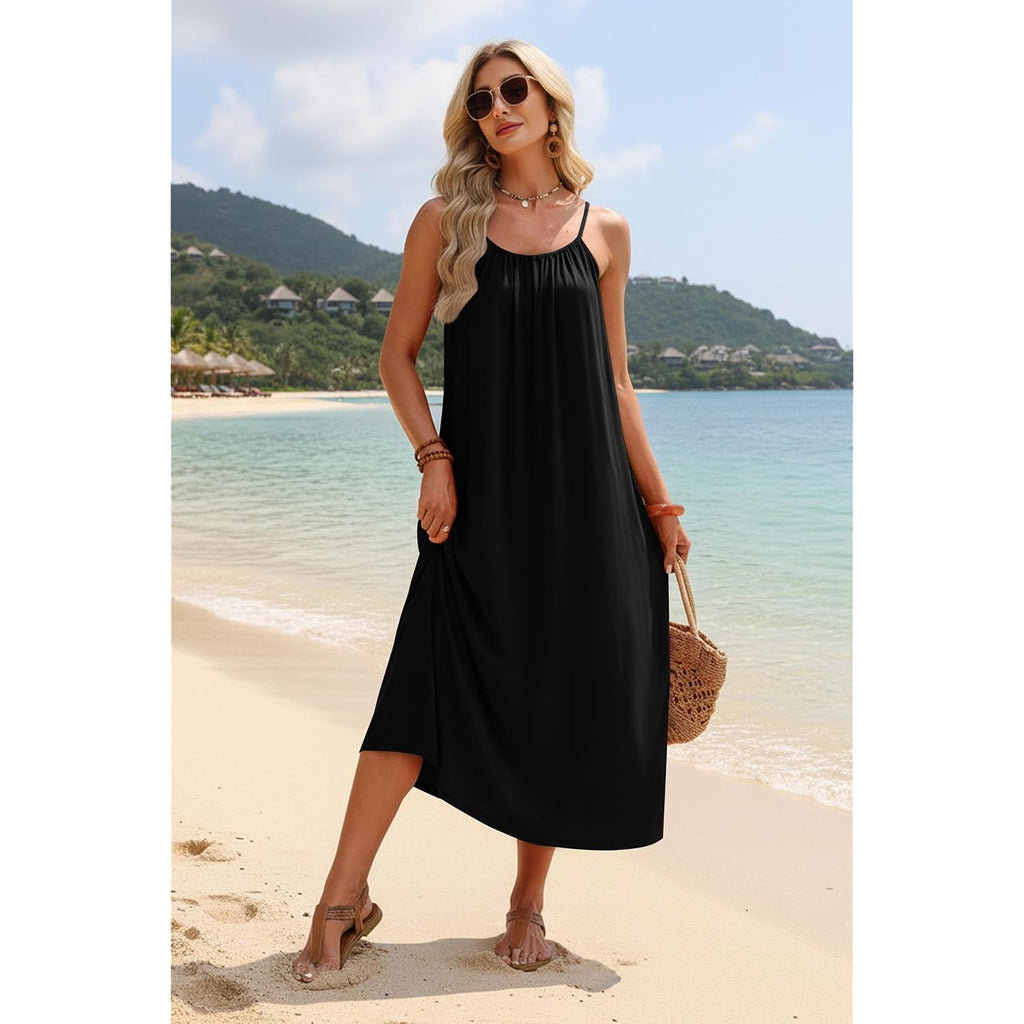 Ofeefan Summer Dresses For Women 2026 Backless Cami Maxi Sundresses Spaghetti Strap Beach Vacation Clothes Swimsuit Coverup