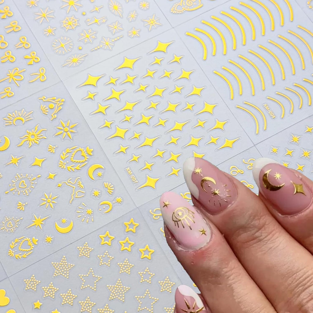 30 Sheets Gold Nail Sticker Star Moon Heart Nail Art Stickers Cute Knot Bow Design 3D Self-Adhesive Nail Decals for Women Girls DIY Nail Art Decoration Accessories