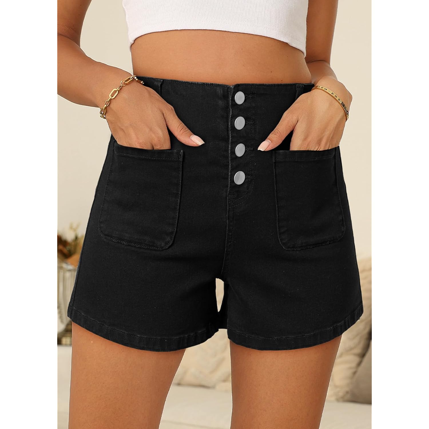 Women's Jean Shorts Button Fly Stretchy High Waisted Summer Outfit Denim Shorts