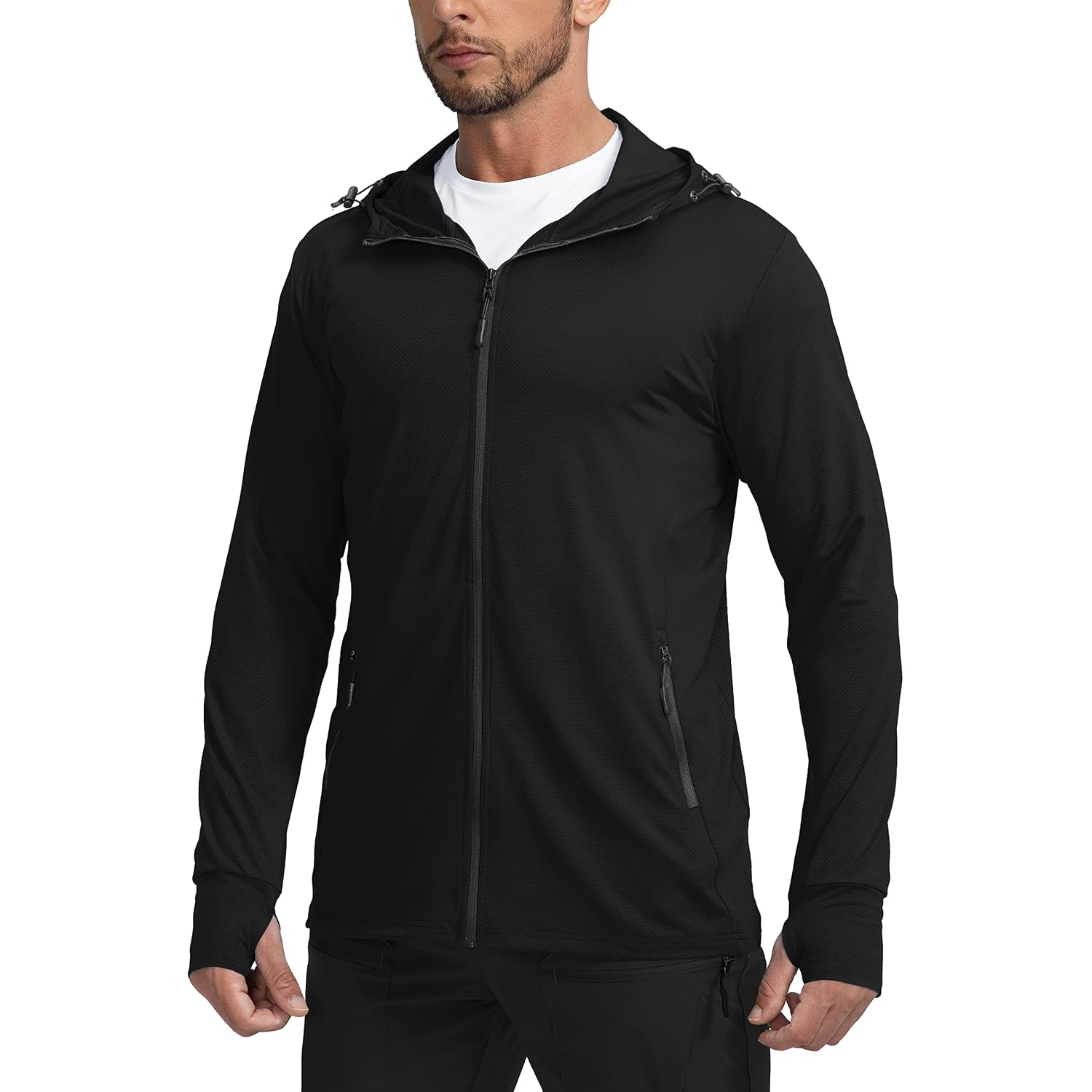 Men'S Upf 50+ Light Jacket Full Zip Sun Protection Hoodie Long Sleeve Sun Shirts For Men Hiking Fishing Zip Pockets